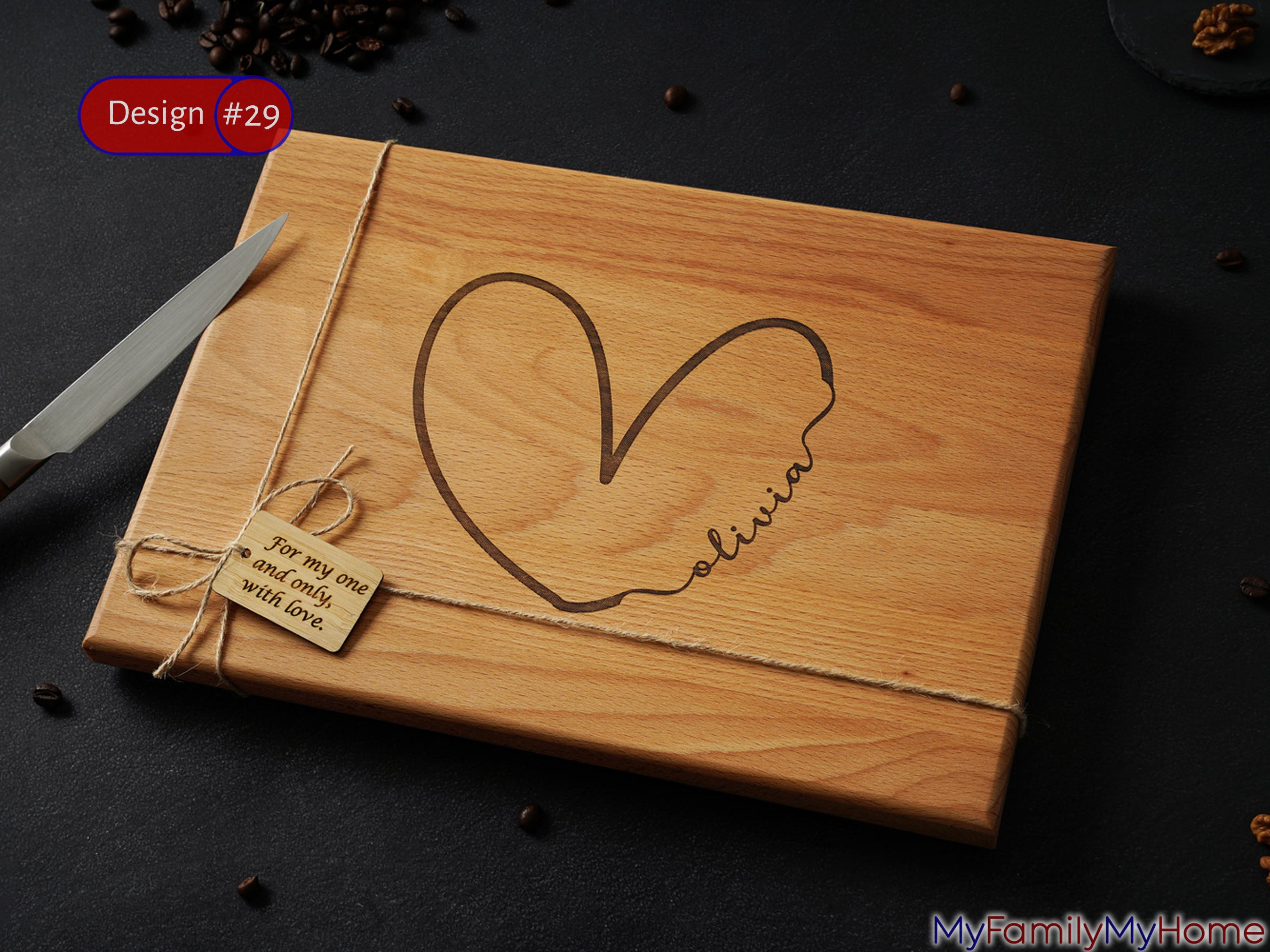 Personalized Cutting Board With Romantic Engraving featuring a heart outline and the name 'Olivia' in cursive. Ideal for couple gifts or kitchen decor.