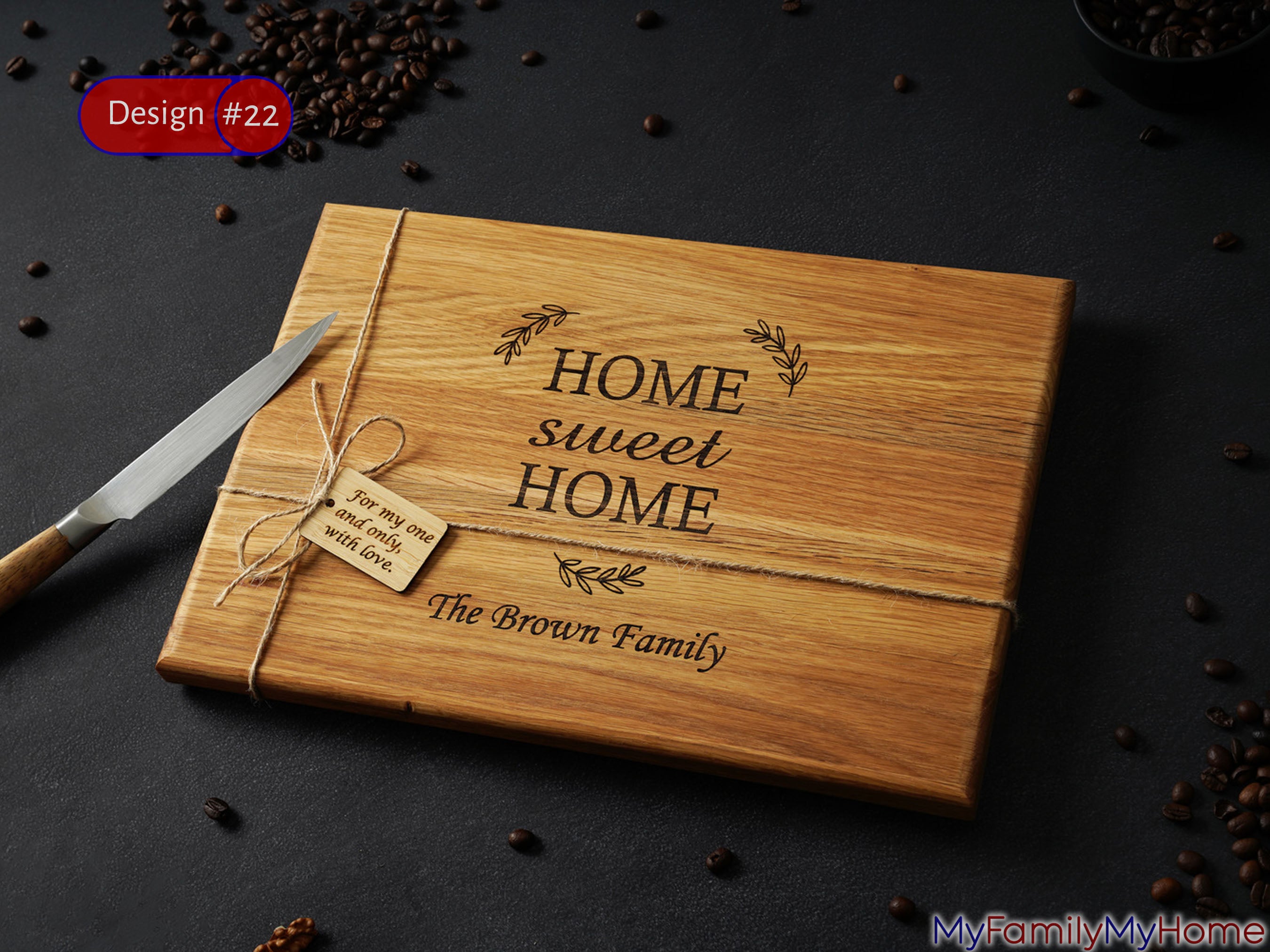 Personalized Cutting Board With Home Sweet Home Engraving featuring custom family name, ideal for housewarming gifts and cozy kitchen decor.