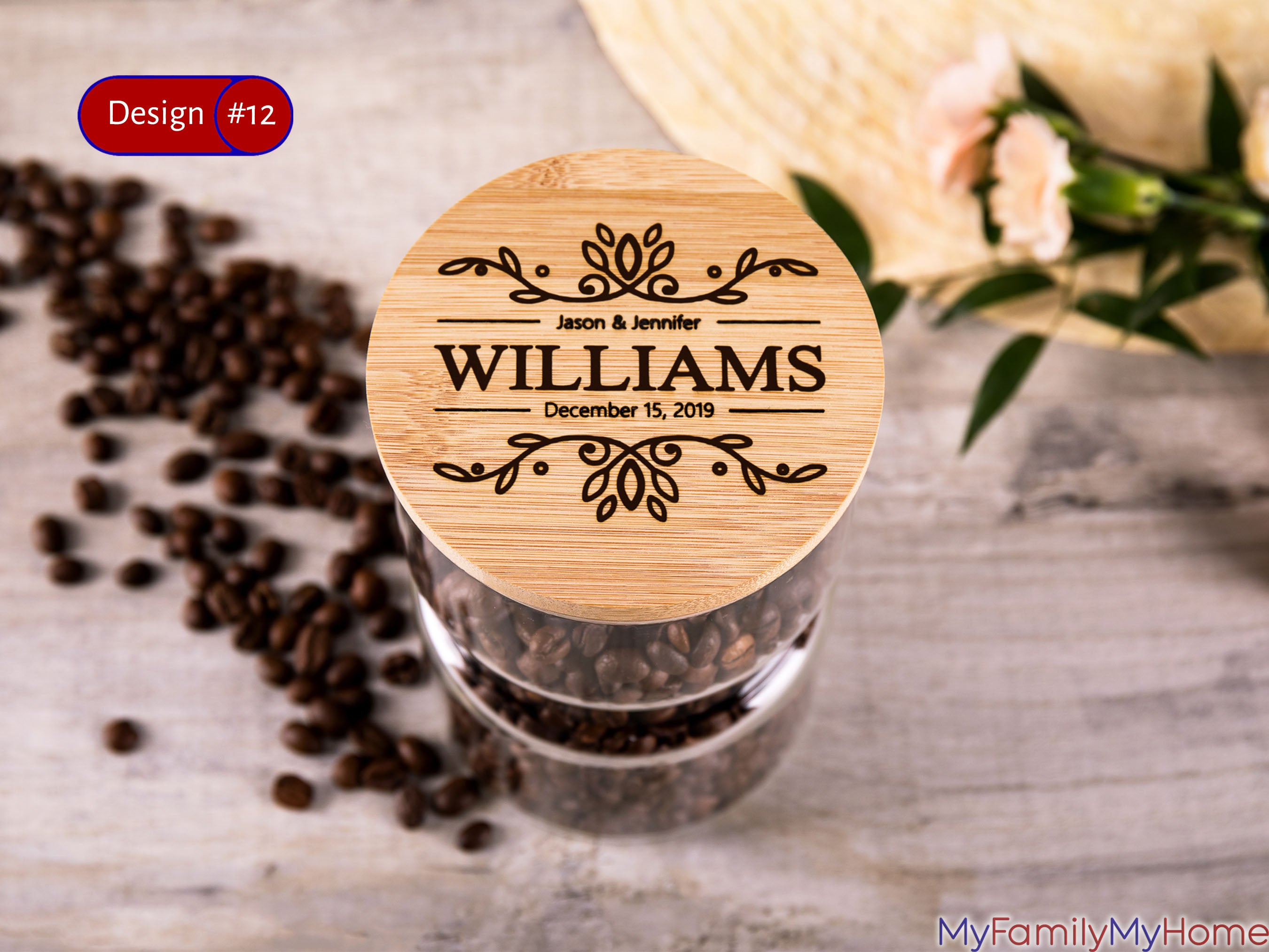 Personalized Glass Coffee Jar with Engraved Bamboo Lid featuring 'Williams' and a custom date, ideal for kitchen storage or anniversary gifts.