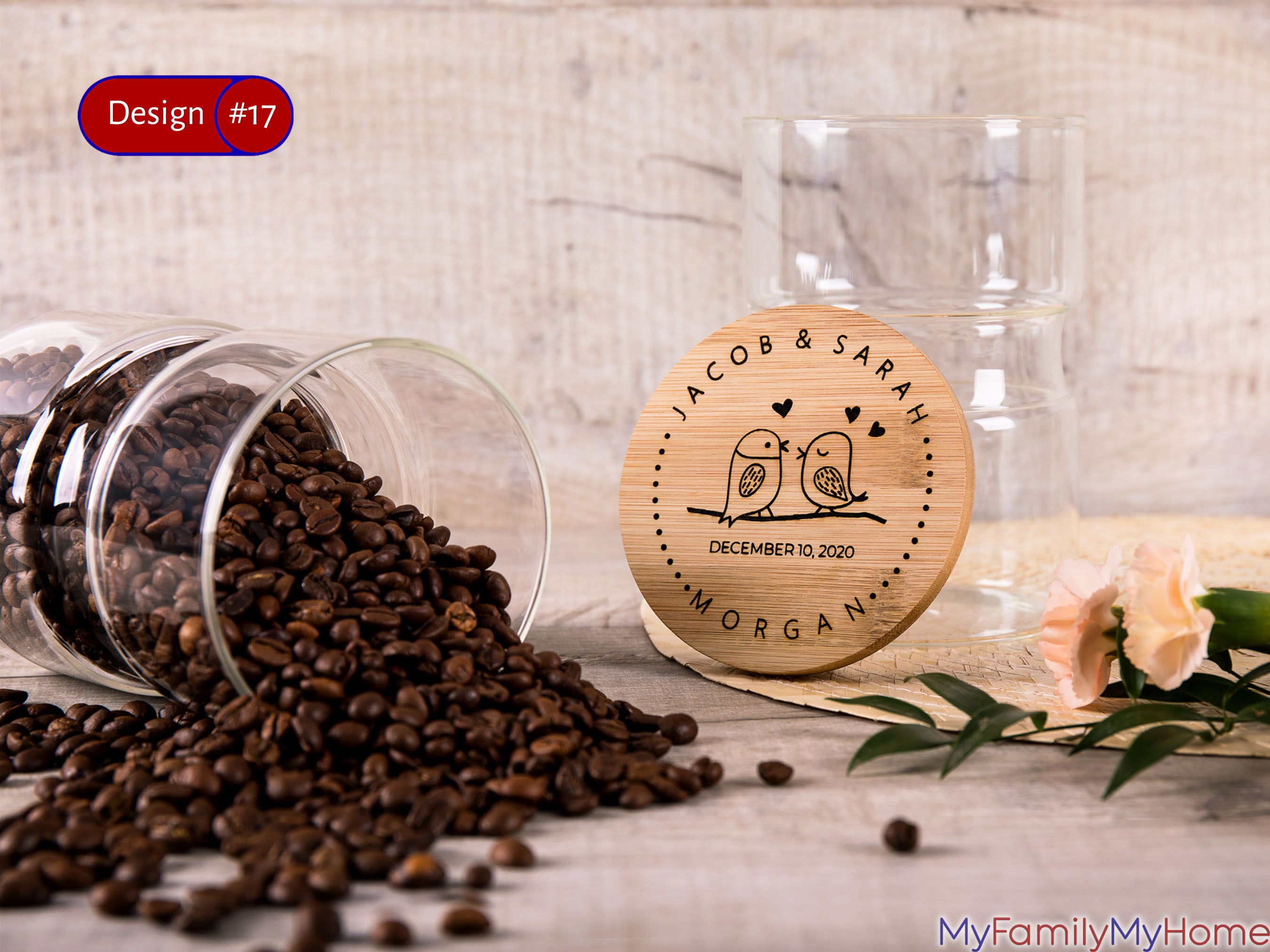 Personalized Glass Coffee Storage Jar with Engraved Lid featuring custom names and date, ideal for kitchen decor or anniversary gift.