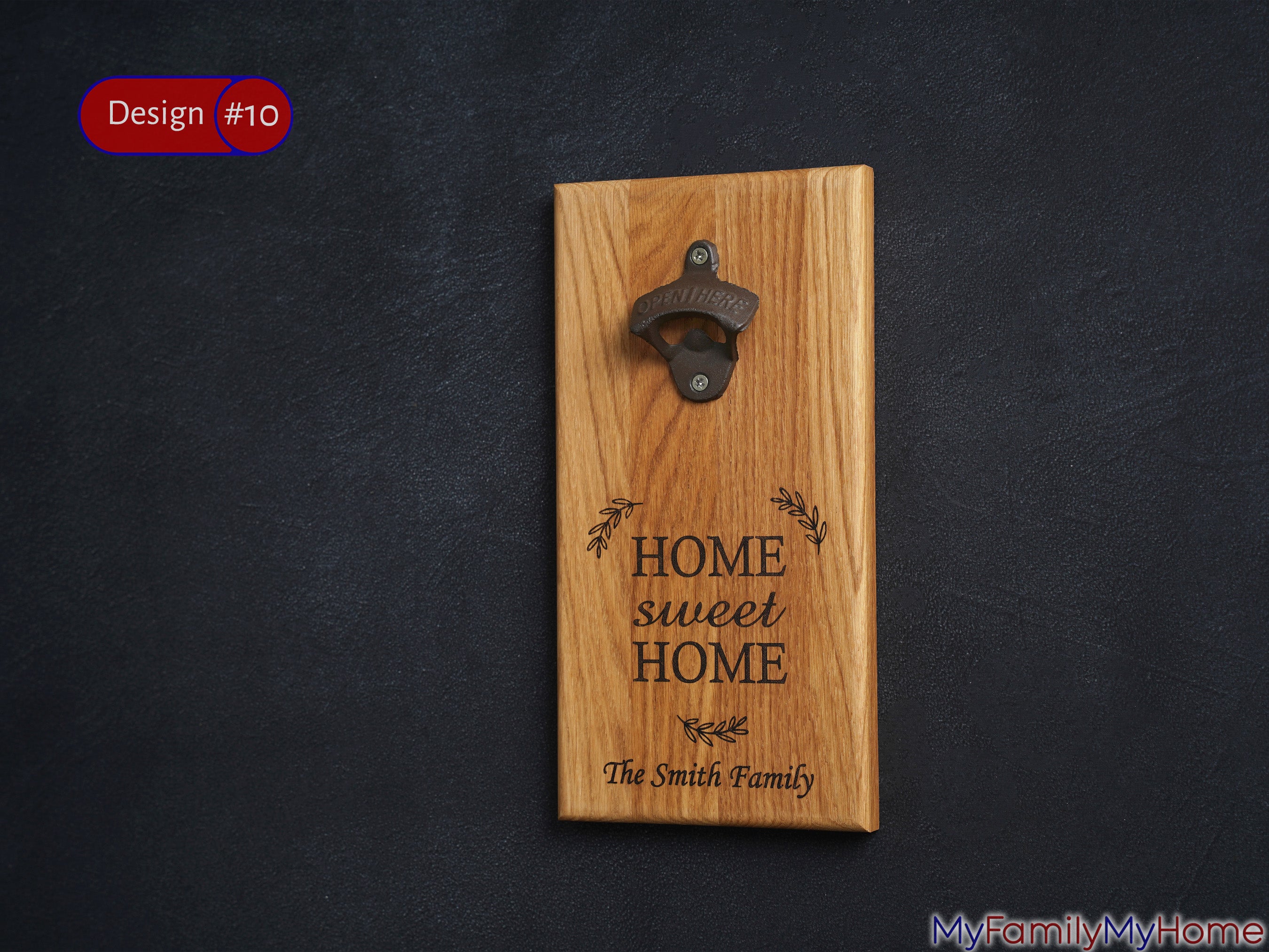 Personalized Bottle Opener with Home Sweet Home Engraving mounted on wood, featuring custom family name for housewarming or Father's Day gift.