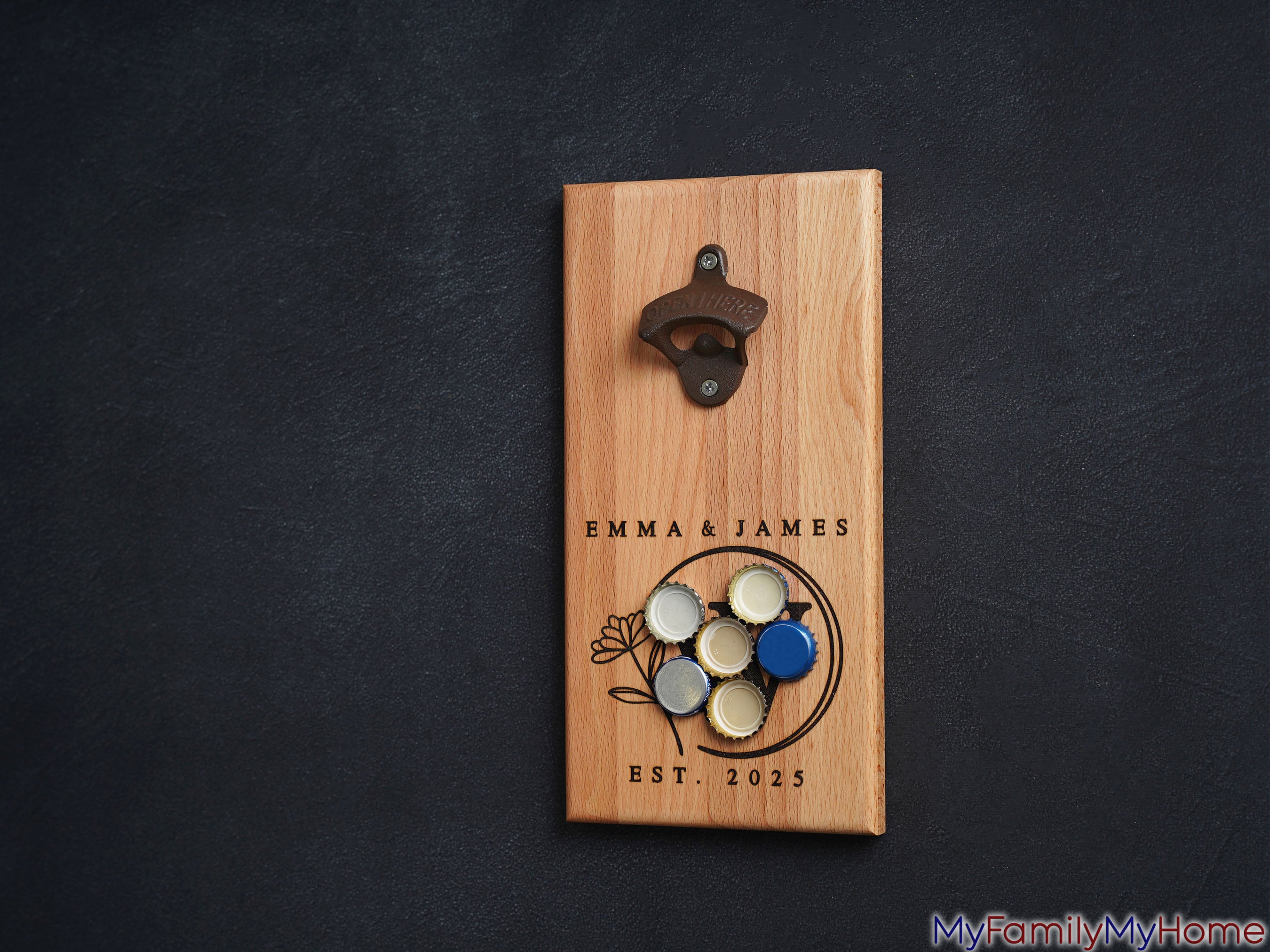 Engraved wall-mounted bottle opener with a built-in magnet catching metal caps
