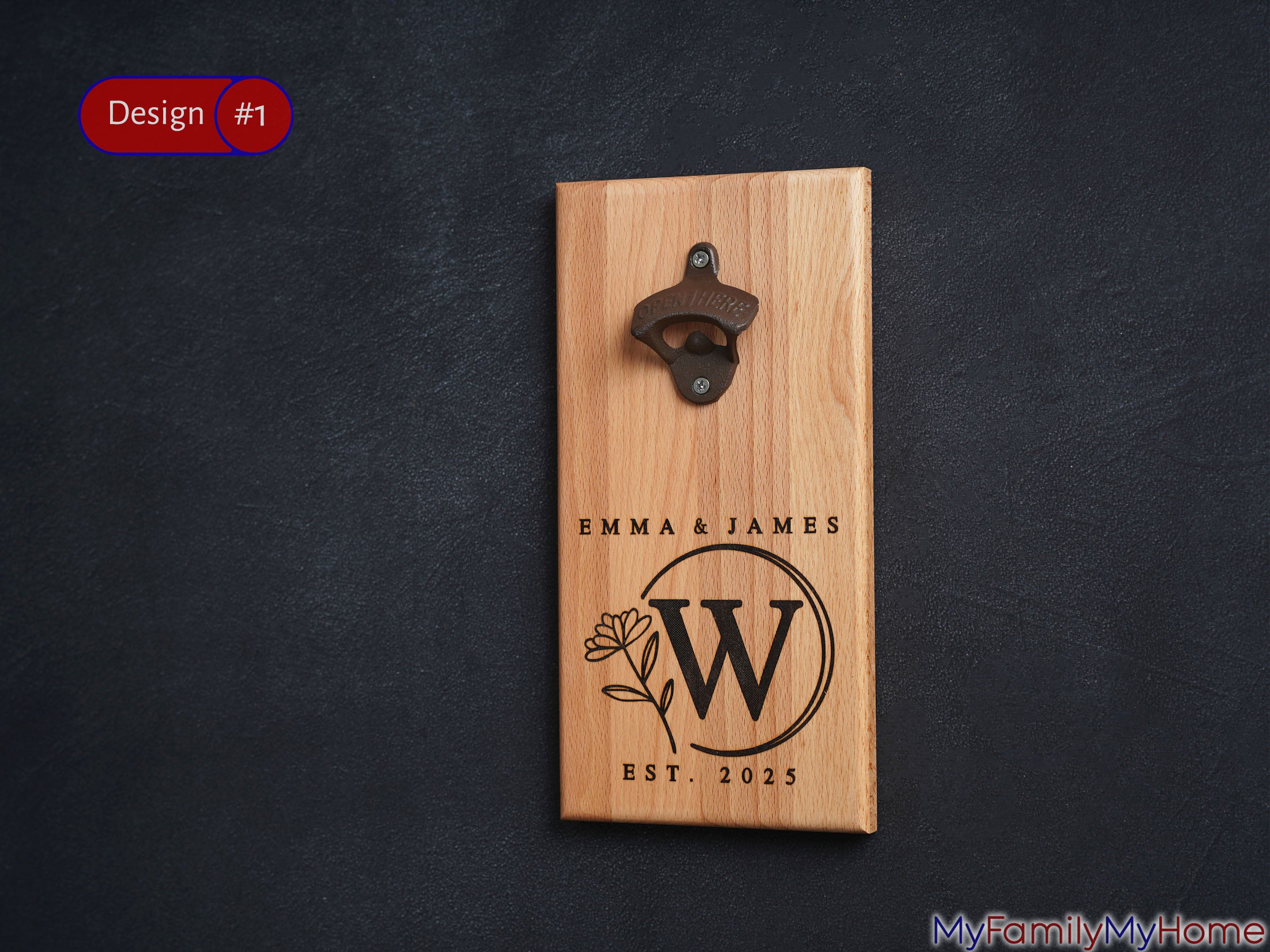 Engraved Wall-mounted Bottle Opener with custom names and monogram on wood, ideal for gifts or home bars. Built-in magnet catches caps cleanly