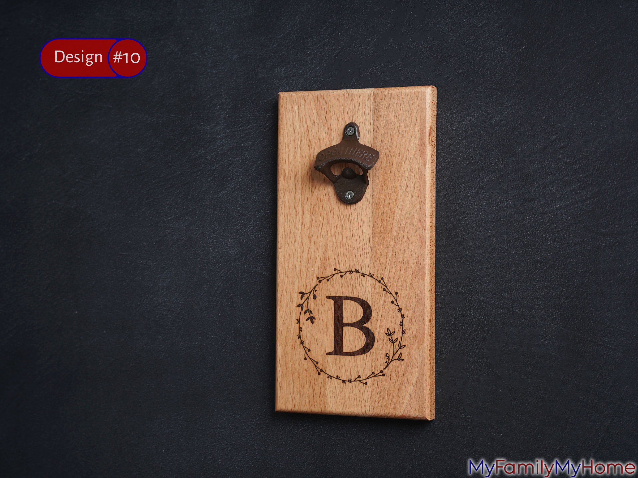 Monogrammed magnetic wooden bottle opener with wall mount, featuring engraved letter B and rustic cap catcher, ideal for home bar decor.