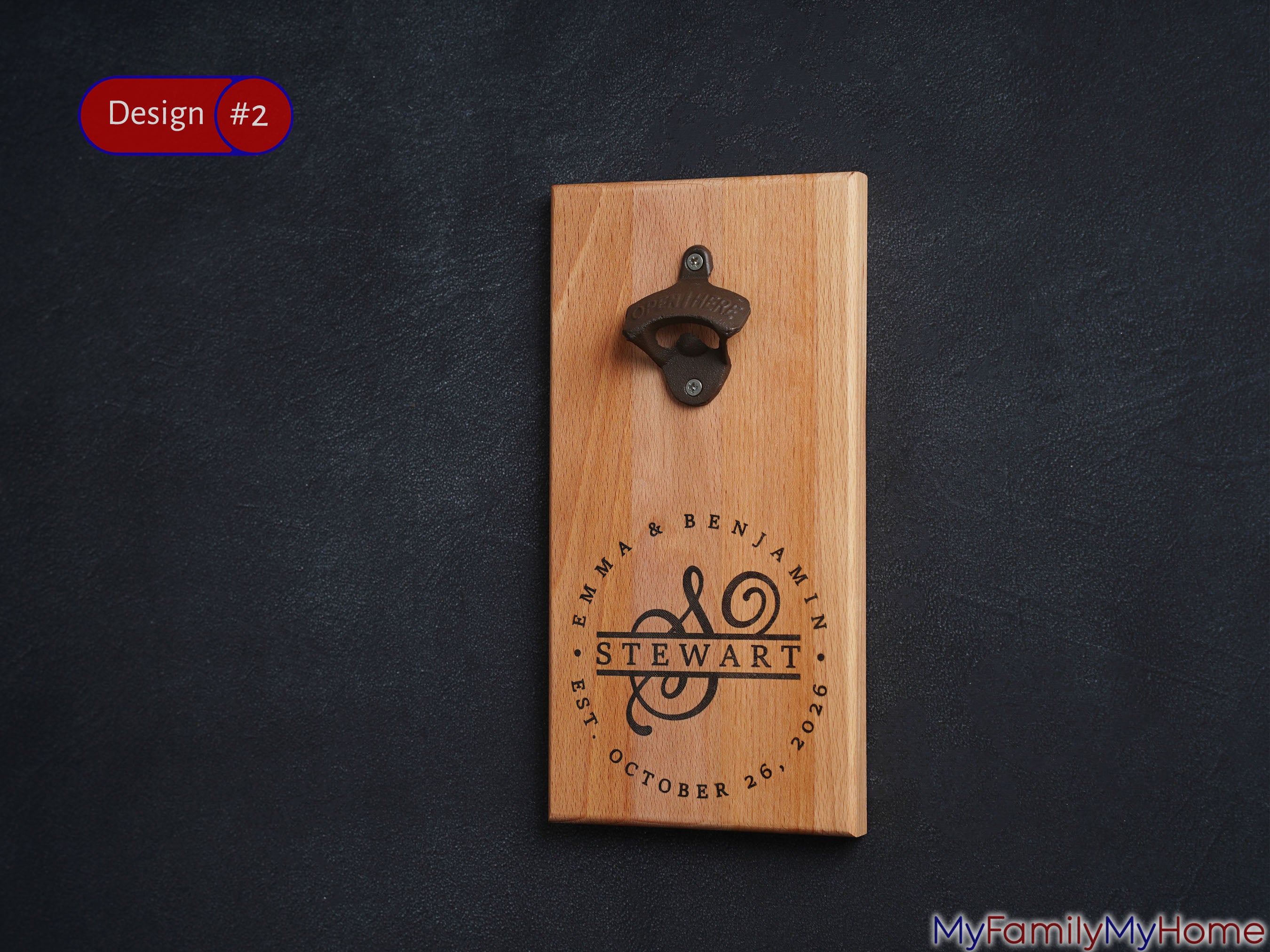 Engraved wall bottle opener with magnetic cap catcher featuring custom monogram and date, ideal for weddings or 5th anniversary gifts.