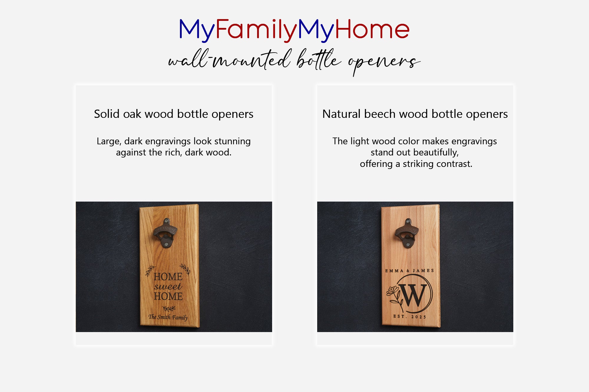 Wall-mounted bottle openers in beech and oak wood variants with strong magnets