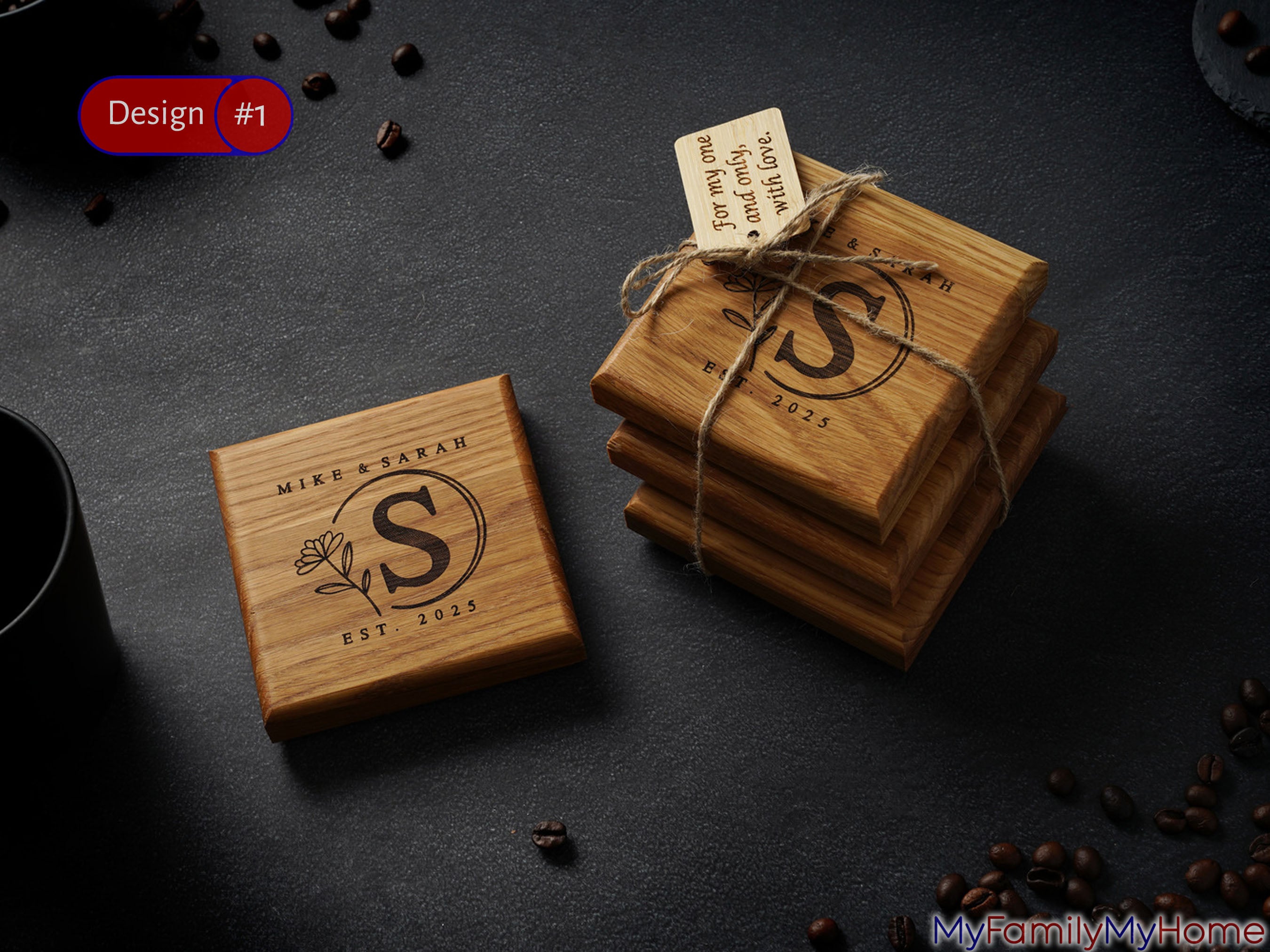 Engraved wooden coasters with personalized monogram and text, perfect for housewarming or birthday gifts. Rustic barware decor for kitchen or dining.