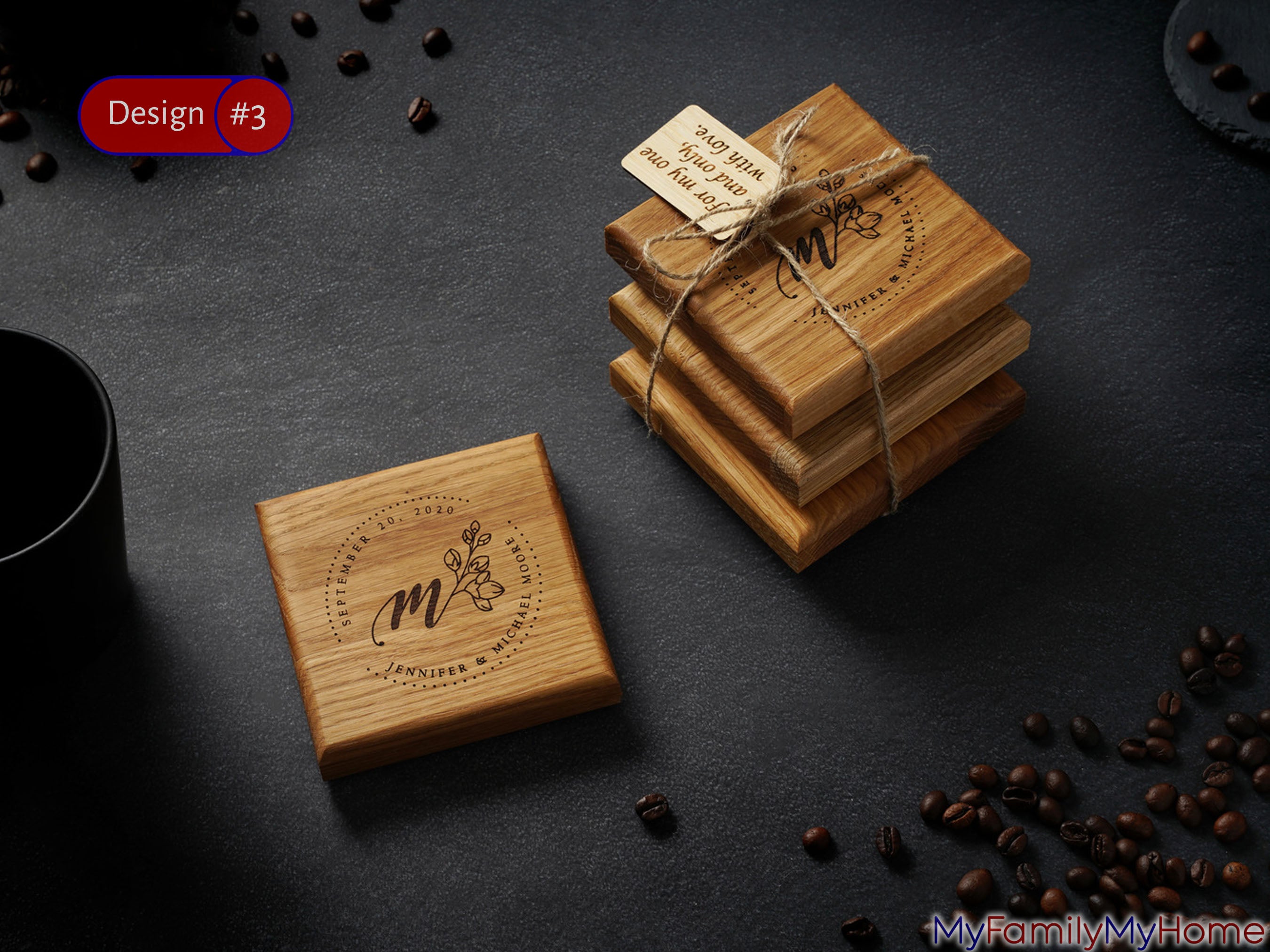 Personalized wooden drink coasters with engraving featuring monogram and floral design, ideal for housewarming or birthday gifts.