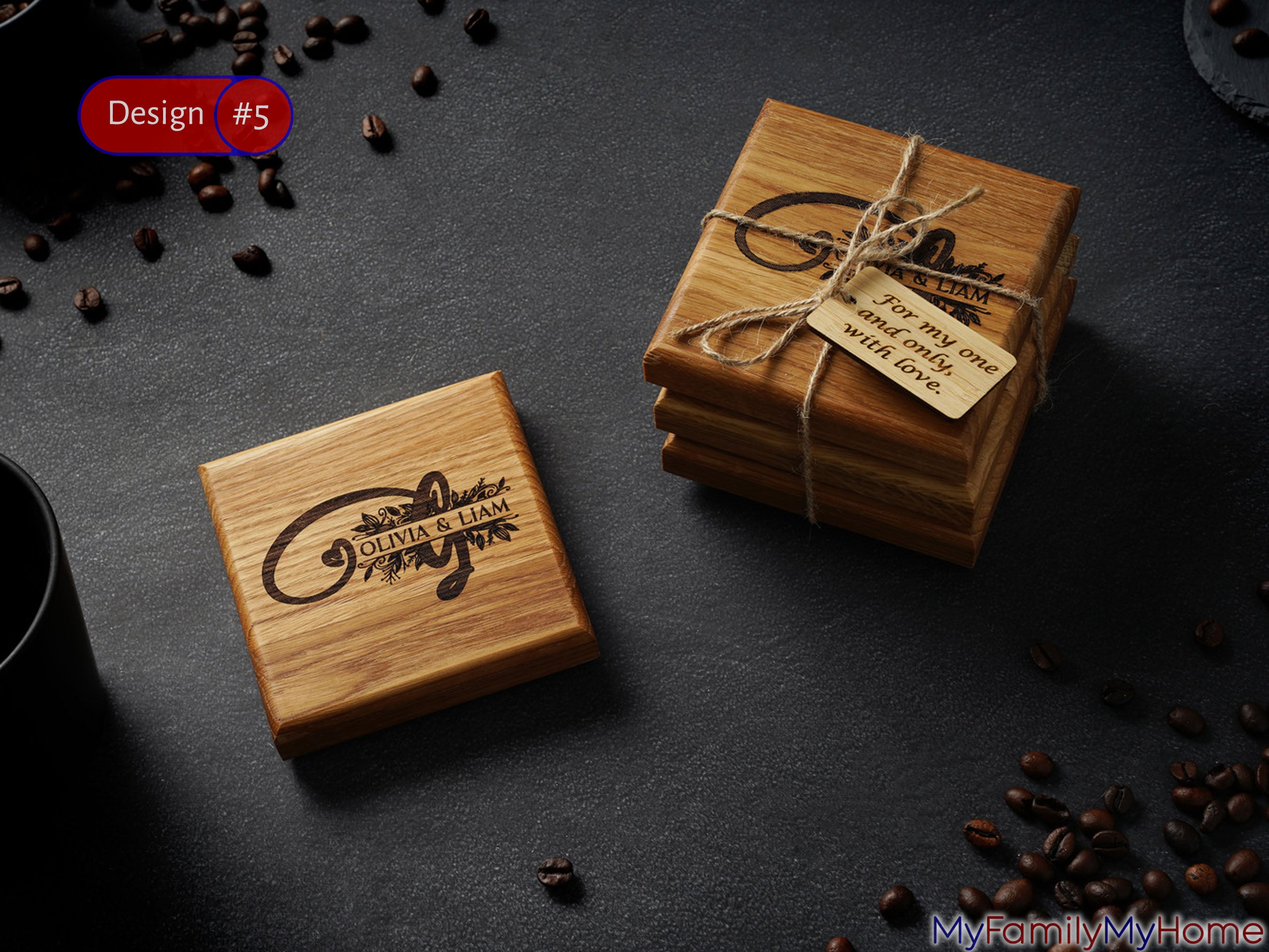 Personalized monogrammed wedding coasters with engraved names Olivia & Liam in rustic wood, perfect for weddings or housewarming gifts.