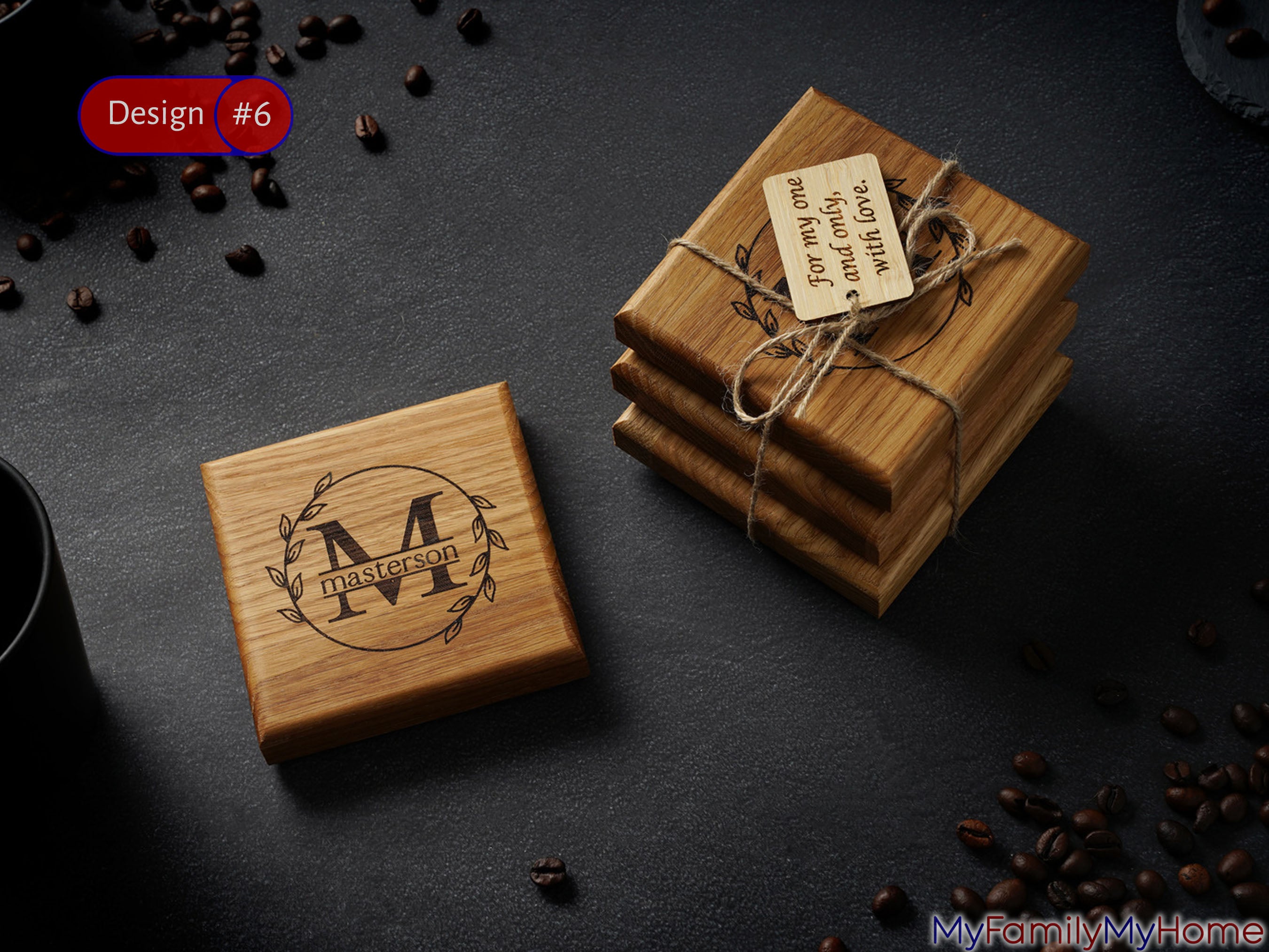 Engraved wooden drink coaster with custom monogram 'M' and name 'Masterson' in rustic style, ideal for housewarming or birthday gifts.