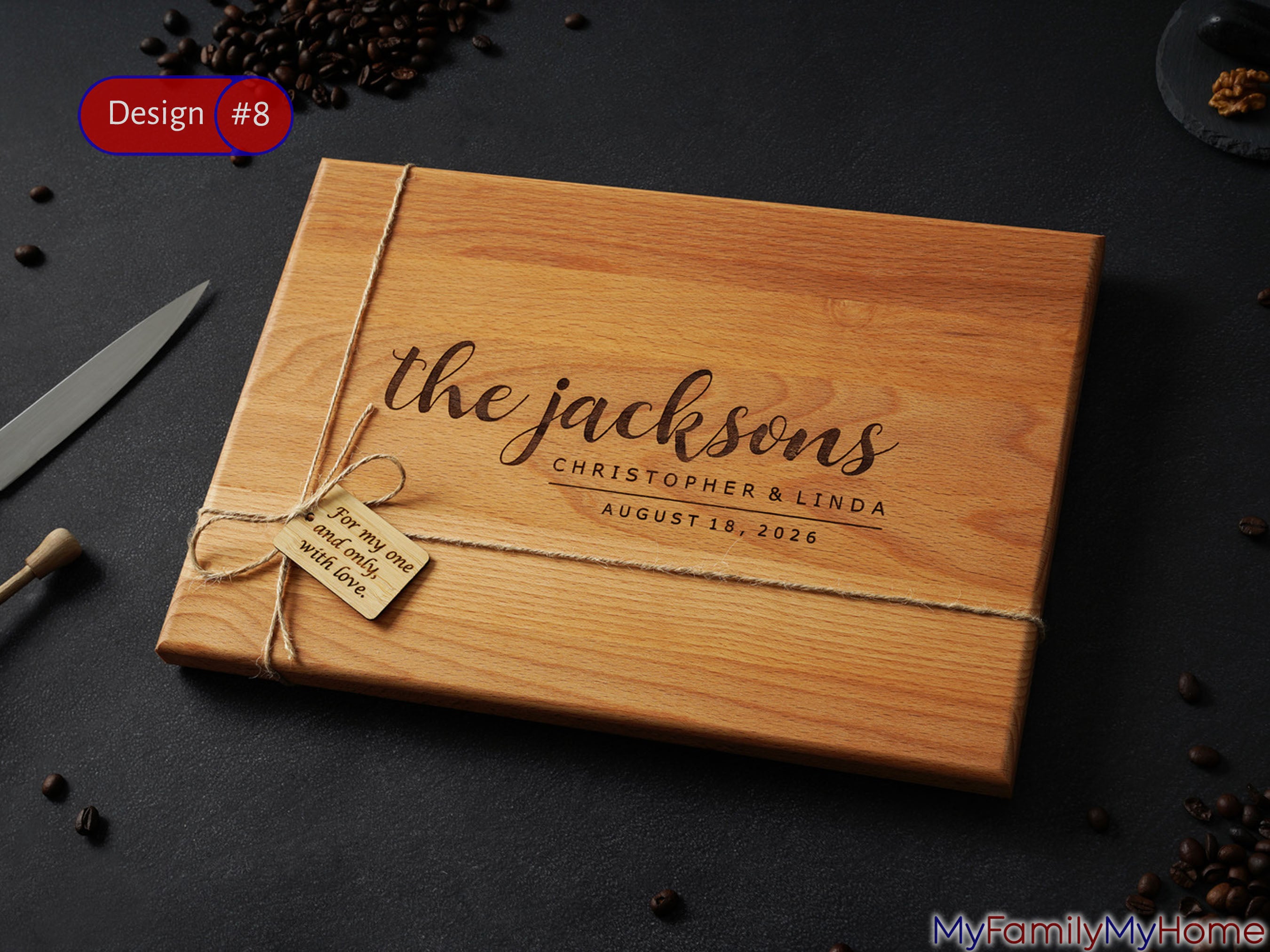 Wooden Cutting Board With Engraved Names And Date featuring 'The Jacksons' and wedding date, ideal for personalized kitchen gifts or housewarming.