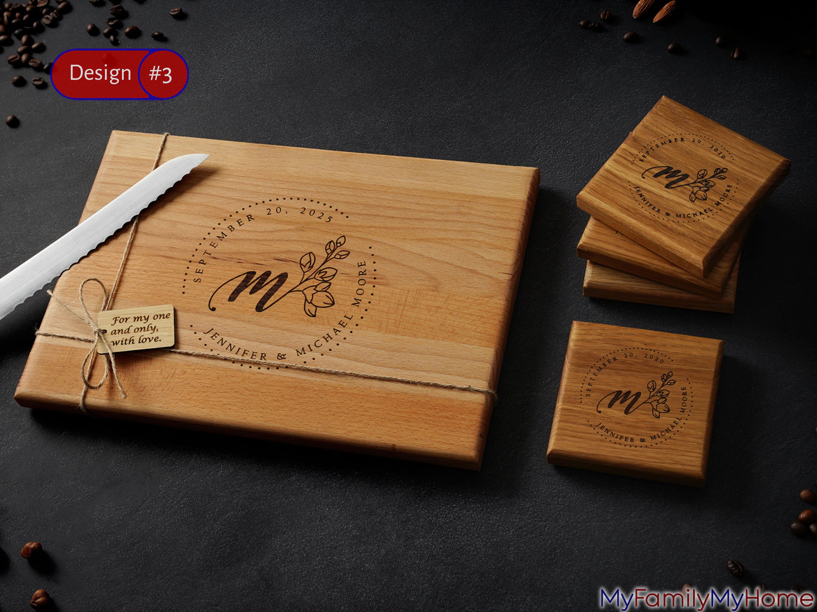 Engraved wooden cutting board with floral monogram and matching wooden coasters, ideal for personalized kitchen gifts or housewarming decor.