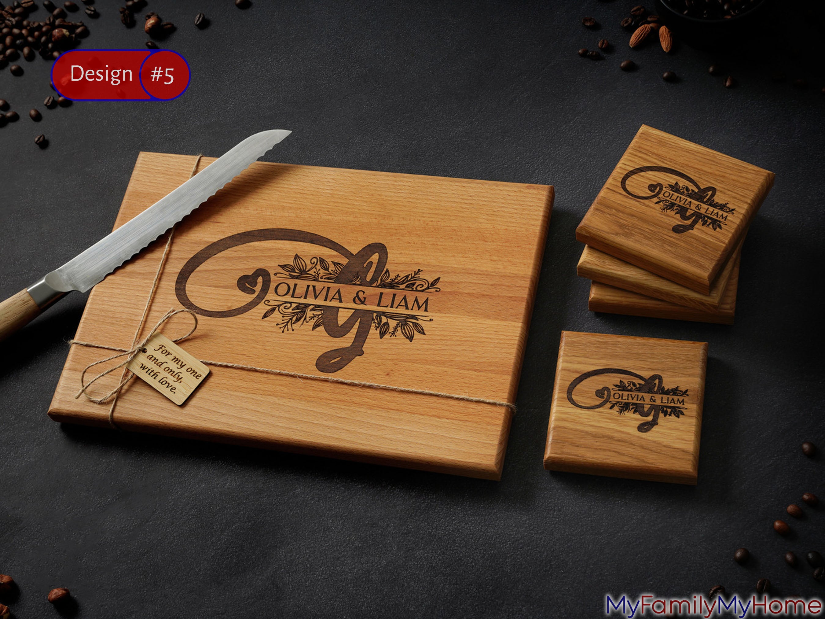 Personalized cutting board with monogrammed coasters featuring 'Olivia & Liam' engraving, ideal for housewarming gifts or kitchen decor.