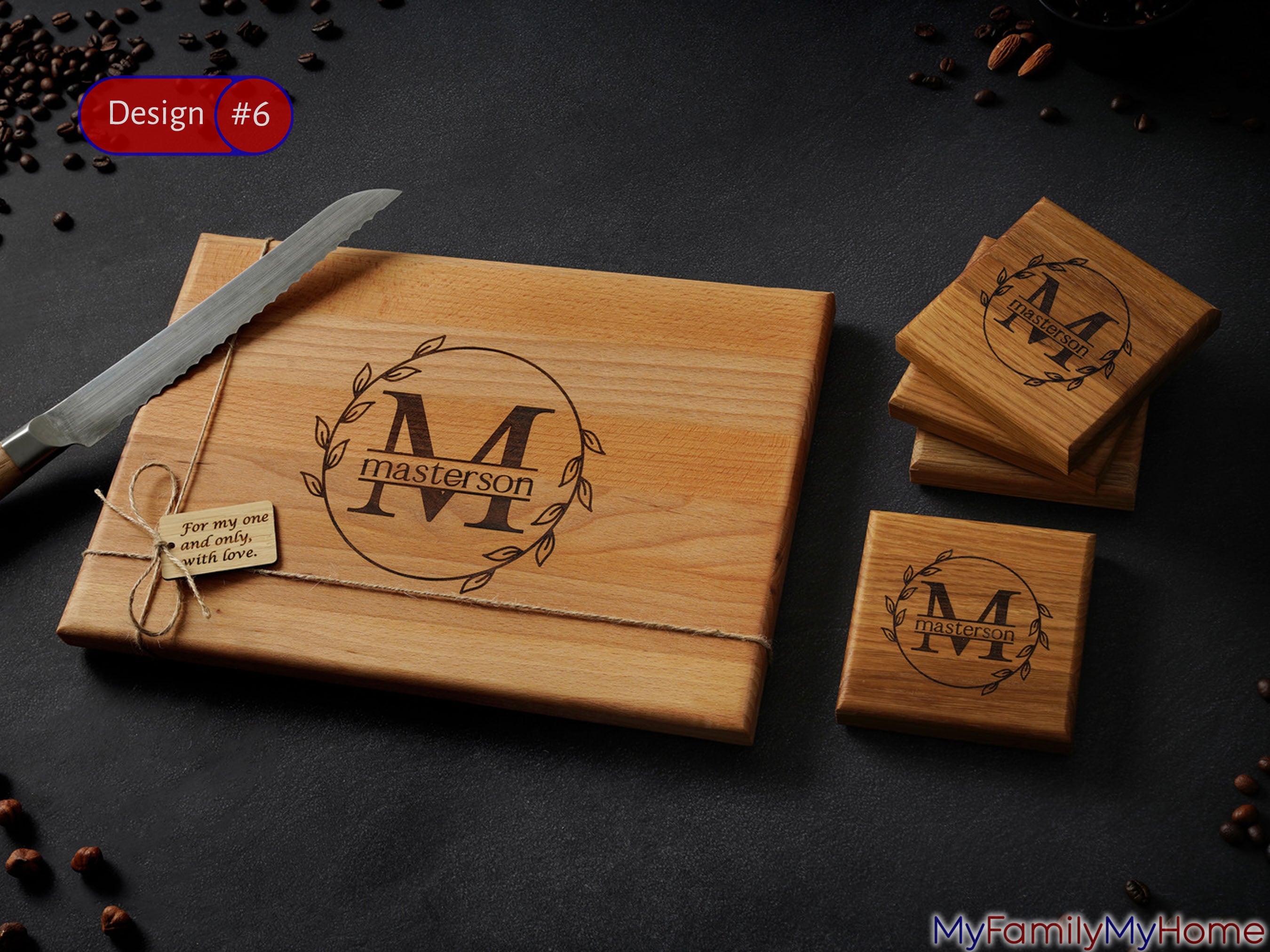 Personalized wooden cutting board with engraved 'Masterson' monogram and matching wooden coasters, ideal for housewarming gifts.