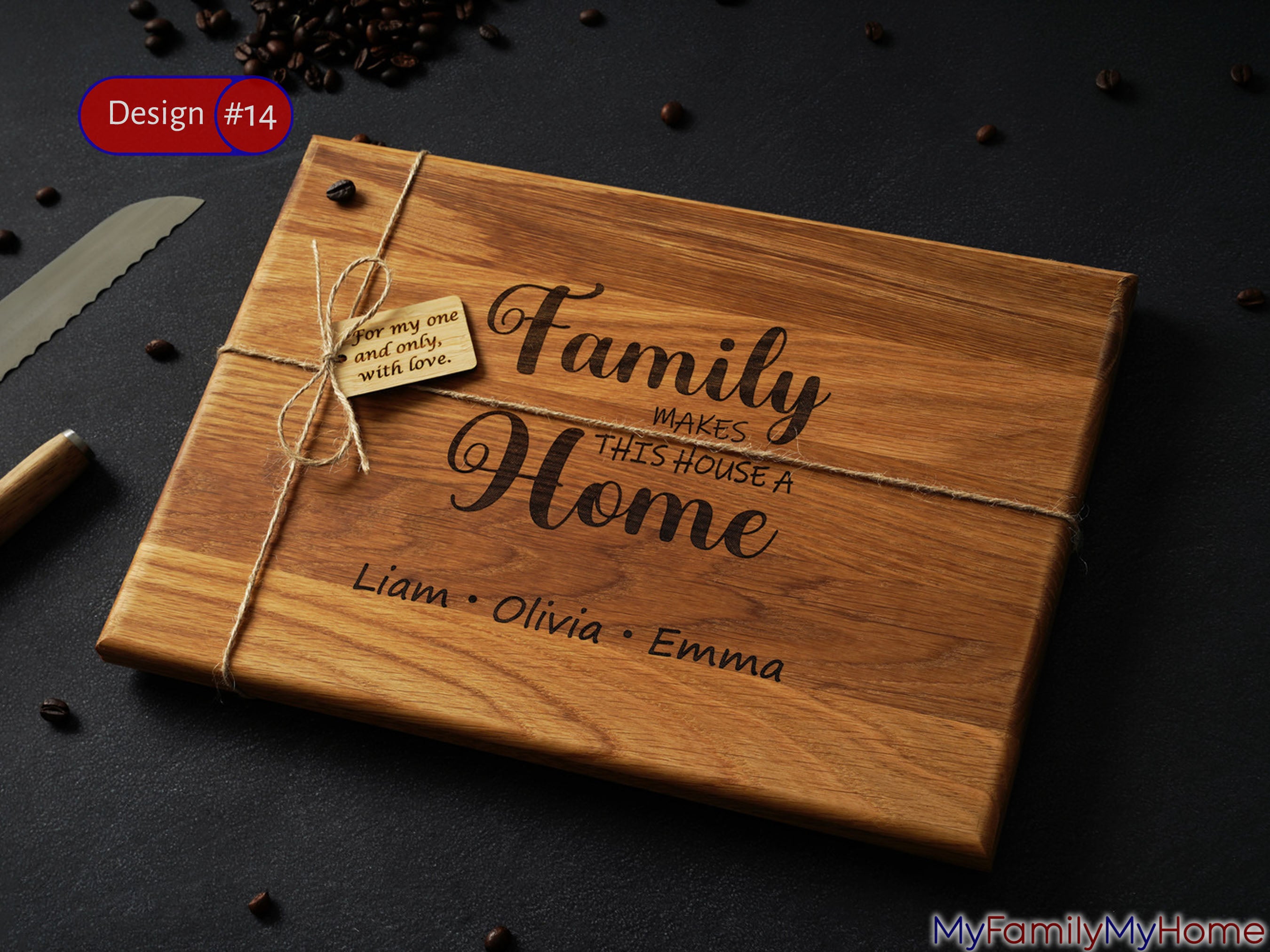 Wooden cutting board engraved with 'Family makes this house a home' and personalized names, ideal for housewarming kitchen gifts.