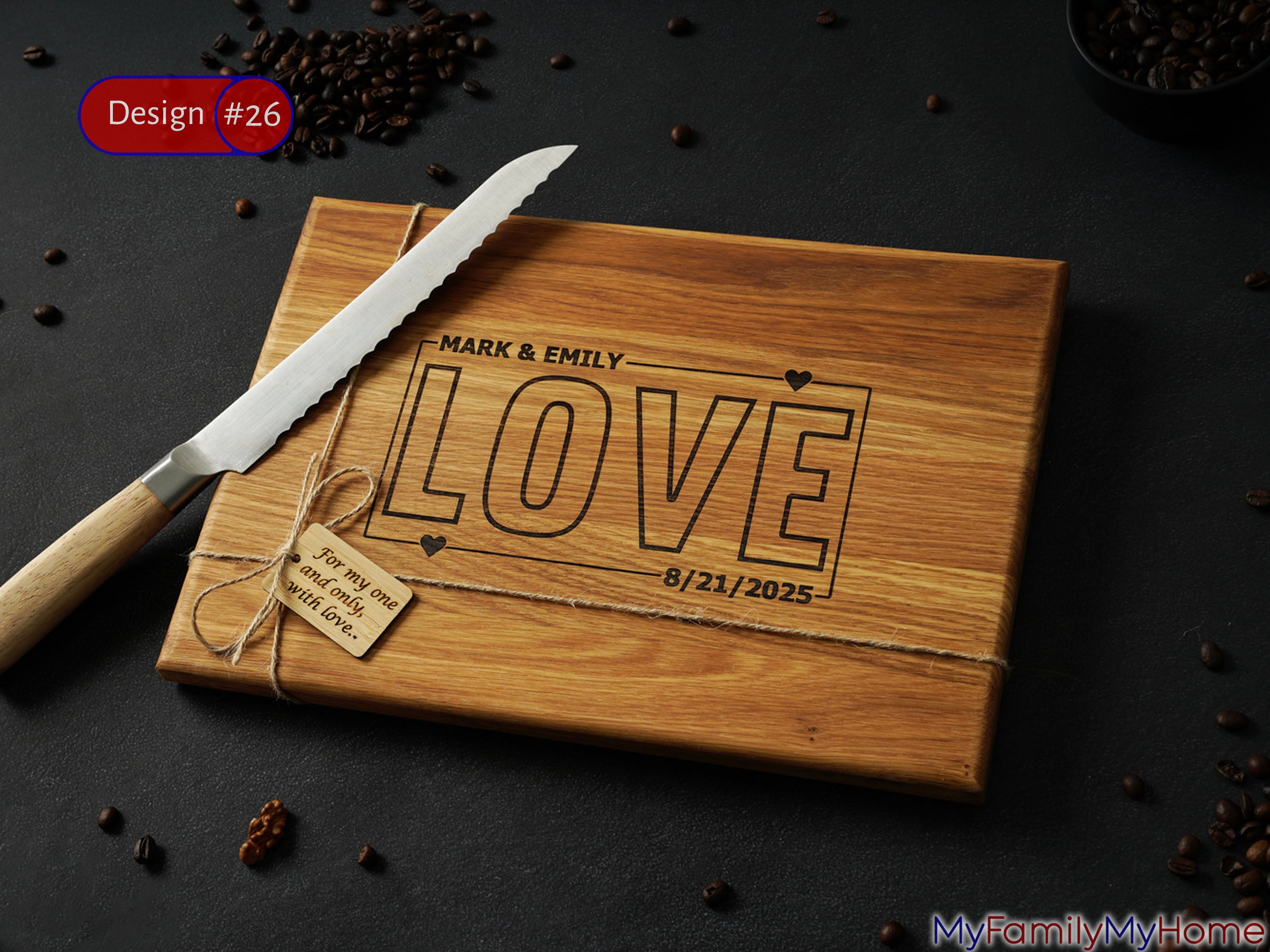 Engraved wooden cutting board with LOVE design for couples, personalized with names and date, ideal for weddings or housewarming gifts.