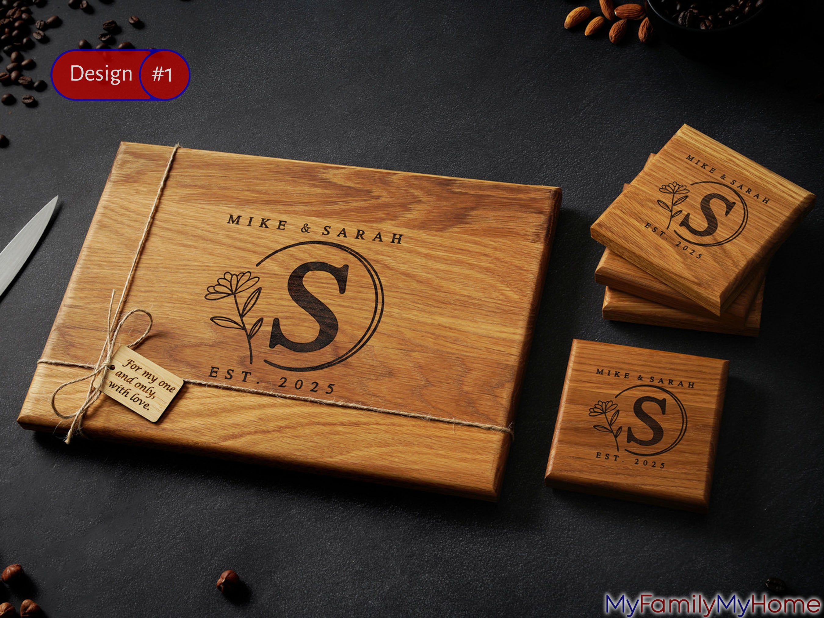 Engraved wooden cutting board with a matching coaster set featuring personalized names and floral design, ideal for housewarming gifts or kitchen decor.