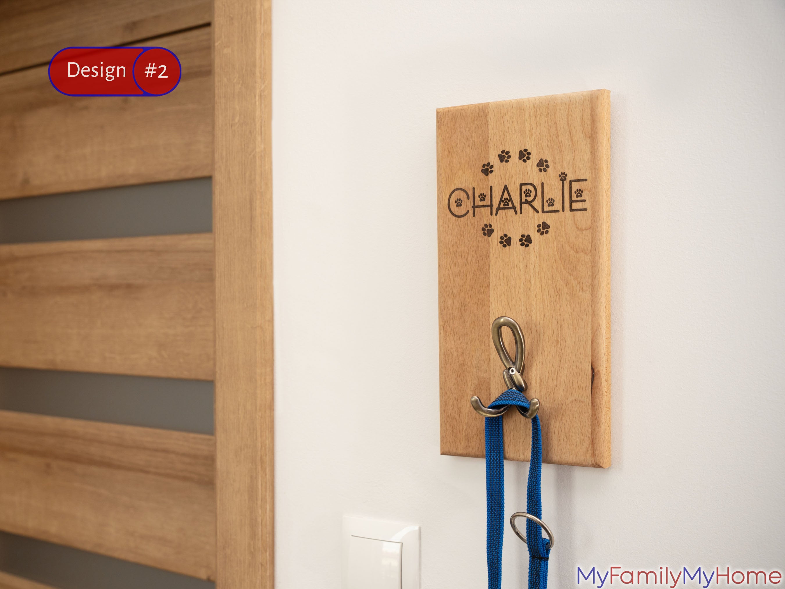 Wall Mounted Dog Leash Holder with Personalized Engraving featuring the name 'Charlie' and paw print accents, ideal for organizing pet accessories.