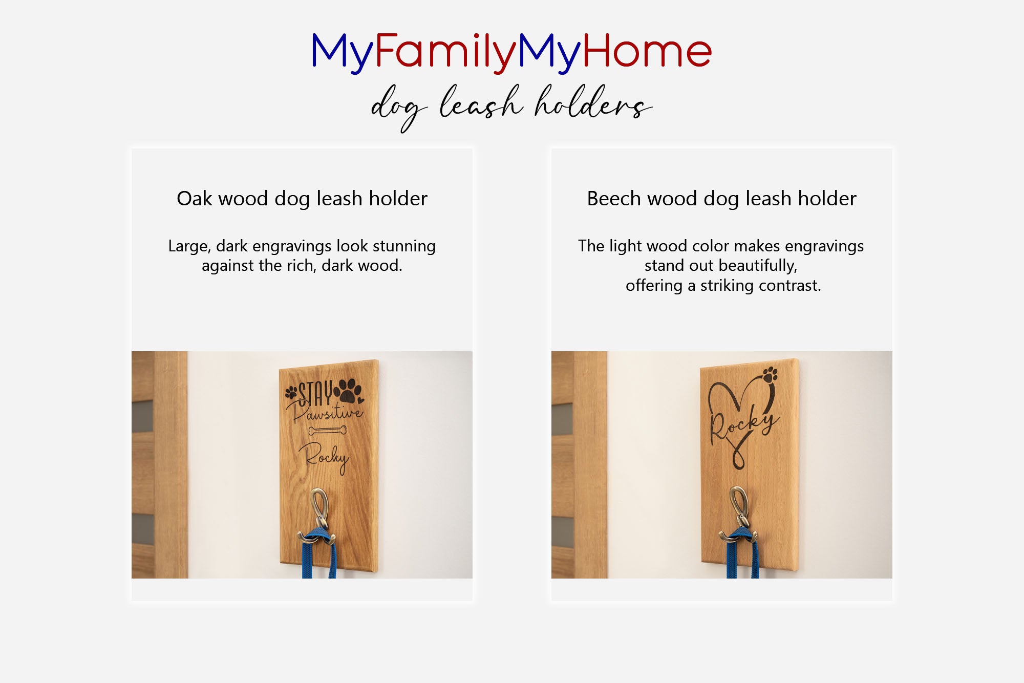 Choose the material for your wooden dog leash holder – beech or oak wood. A wonderful gift for you and your four-legged friend