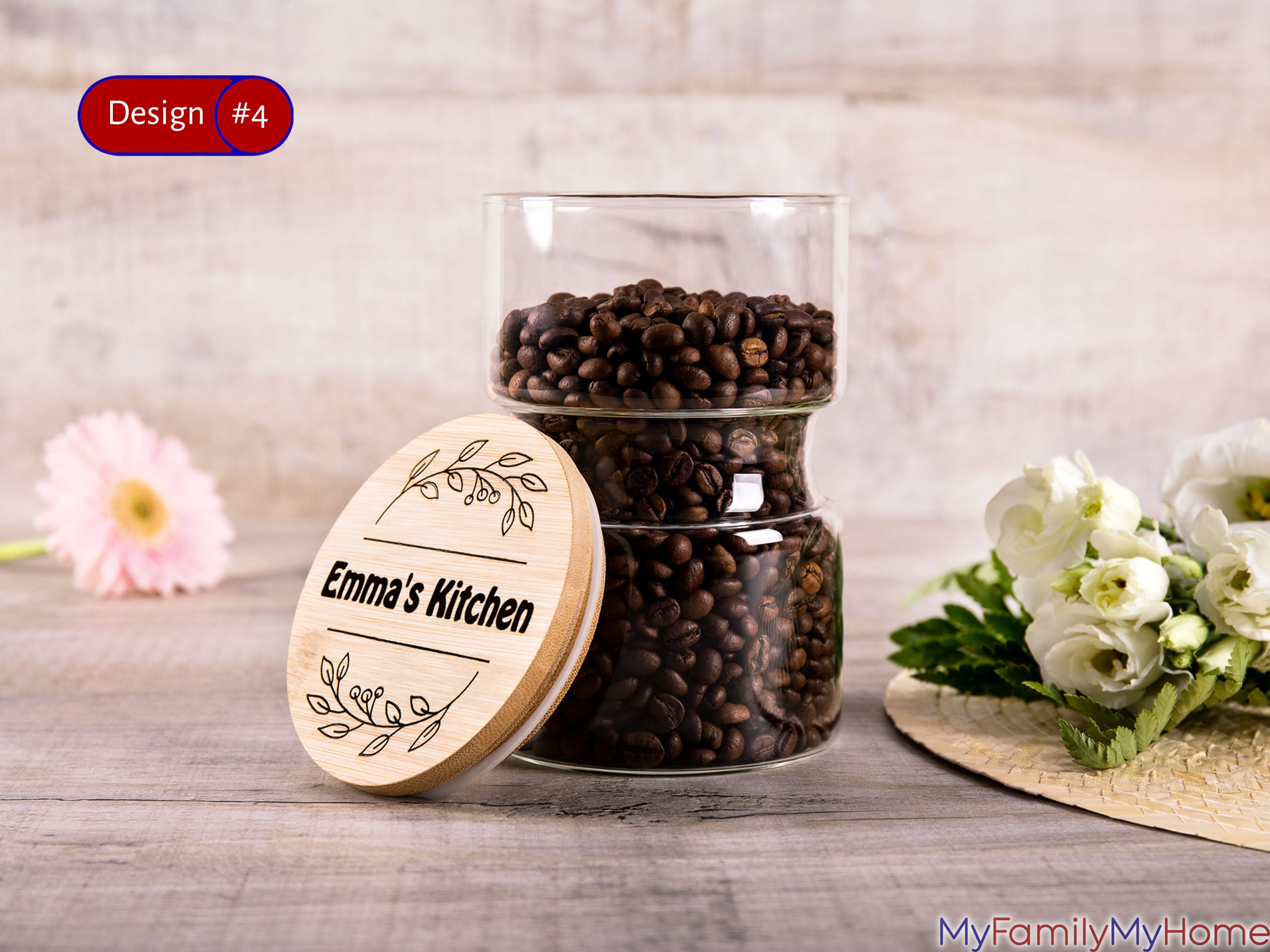 Glass jar with personalized engraving 'Emma's Kitchen' filled with coffee beans, ideal for coffee lovers and kitchen storage decor.