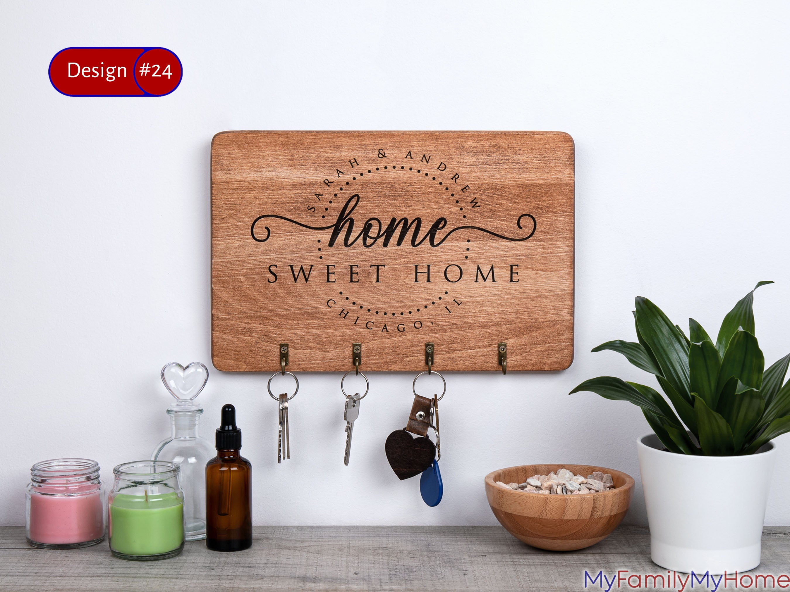 Wooden Key Holder Personalized With Your Family Name featuring 'Home Sweet Home' engraving, 4 hooks, and custom names, ideal for housewarming gifts.