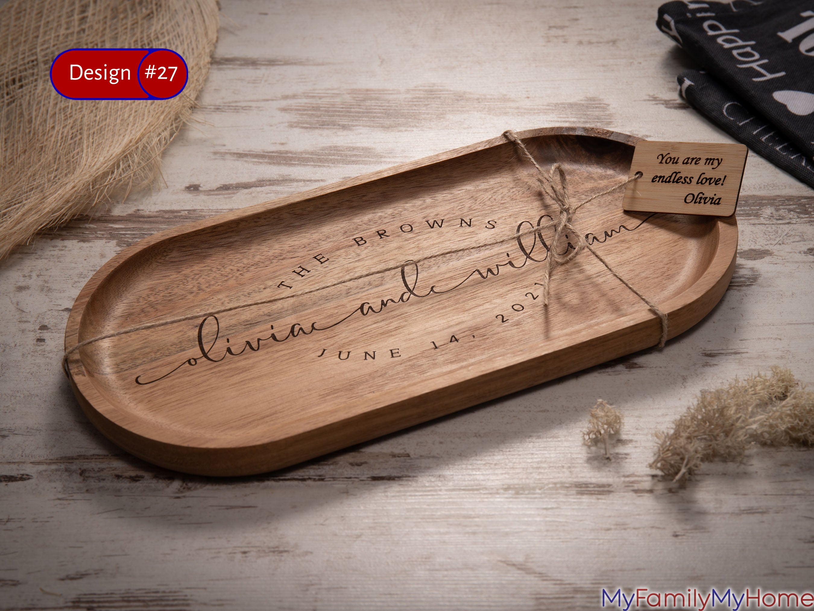 Unique Personalized Wooden Wedding or Anniversary Plate featuring engraved names and date, ideal for 5th anniversary or wedding gift decor.