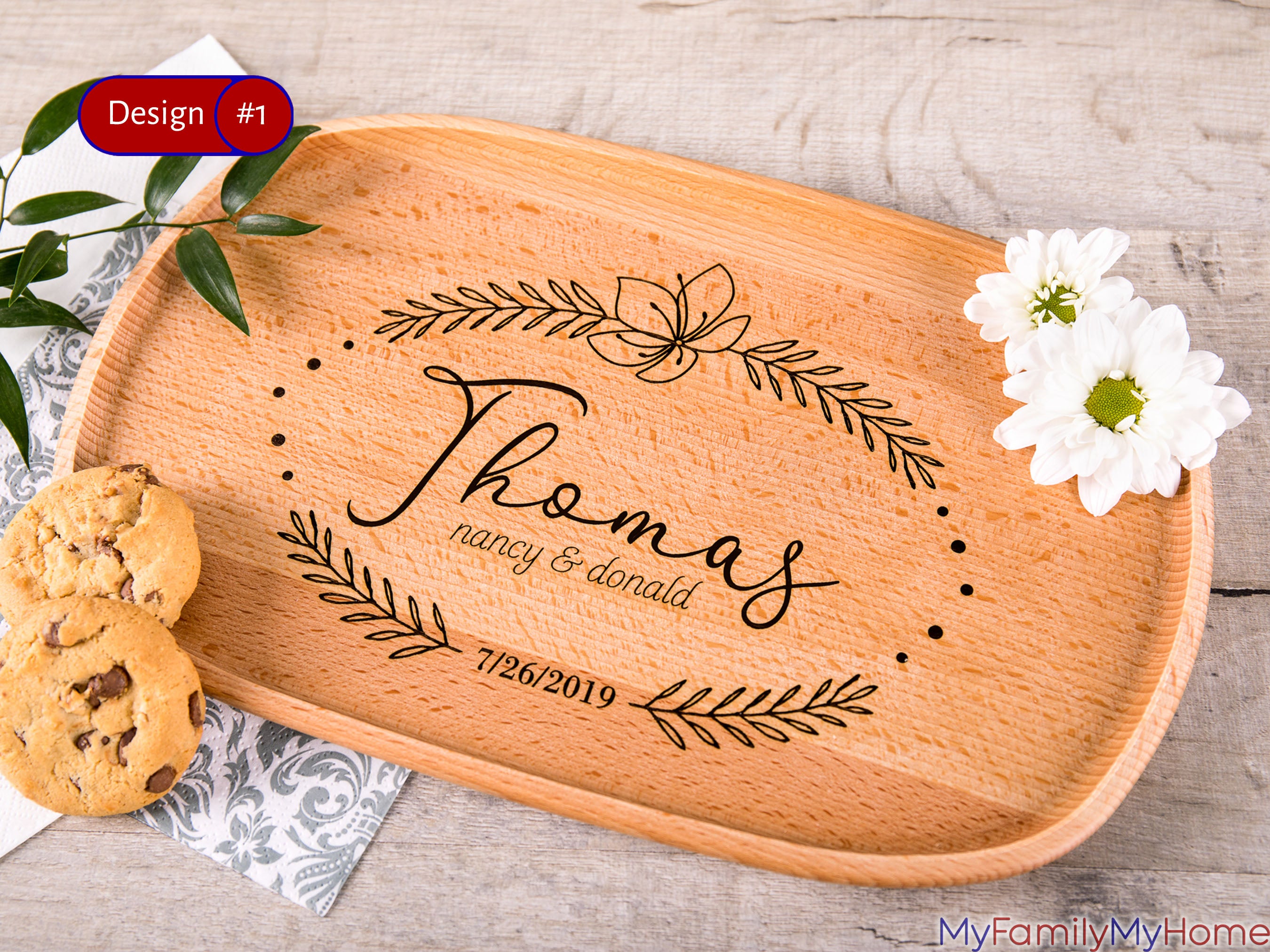 Anniversary Wooden Plate with Personalized Engraving featuring names, date, and floral design, ideal for 5th anniversary or wedding gift.