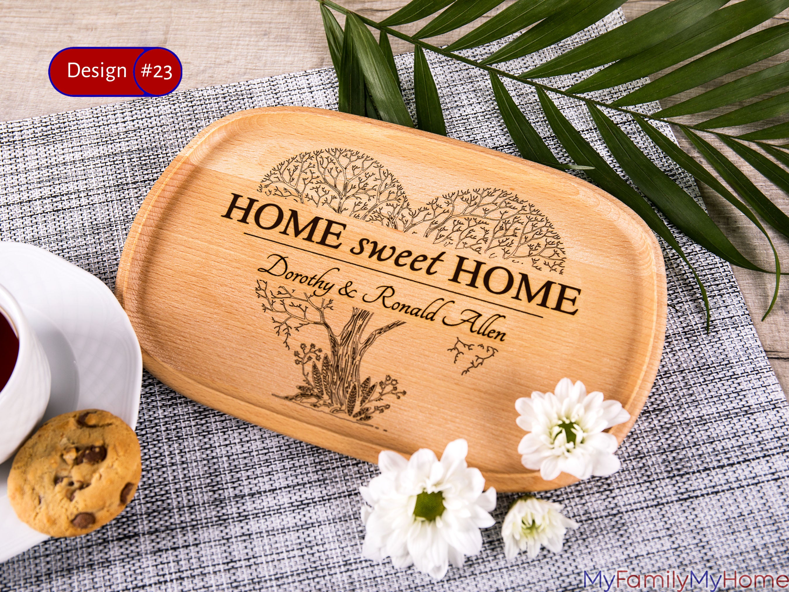 Personalized Wooden Plate with Home Sweet Home Engraving featuring heart-shaped tree design and custom names, ideal for housewarming gifts.