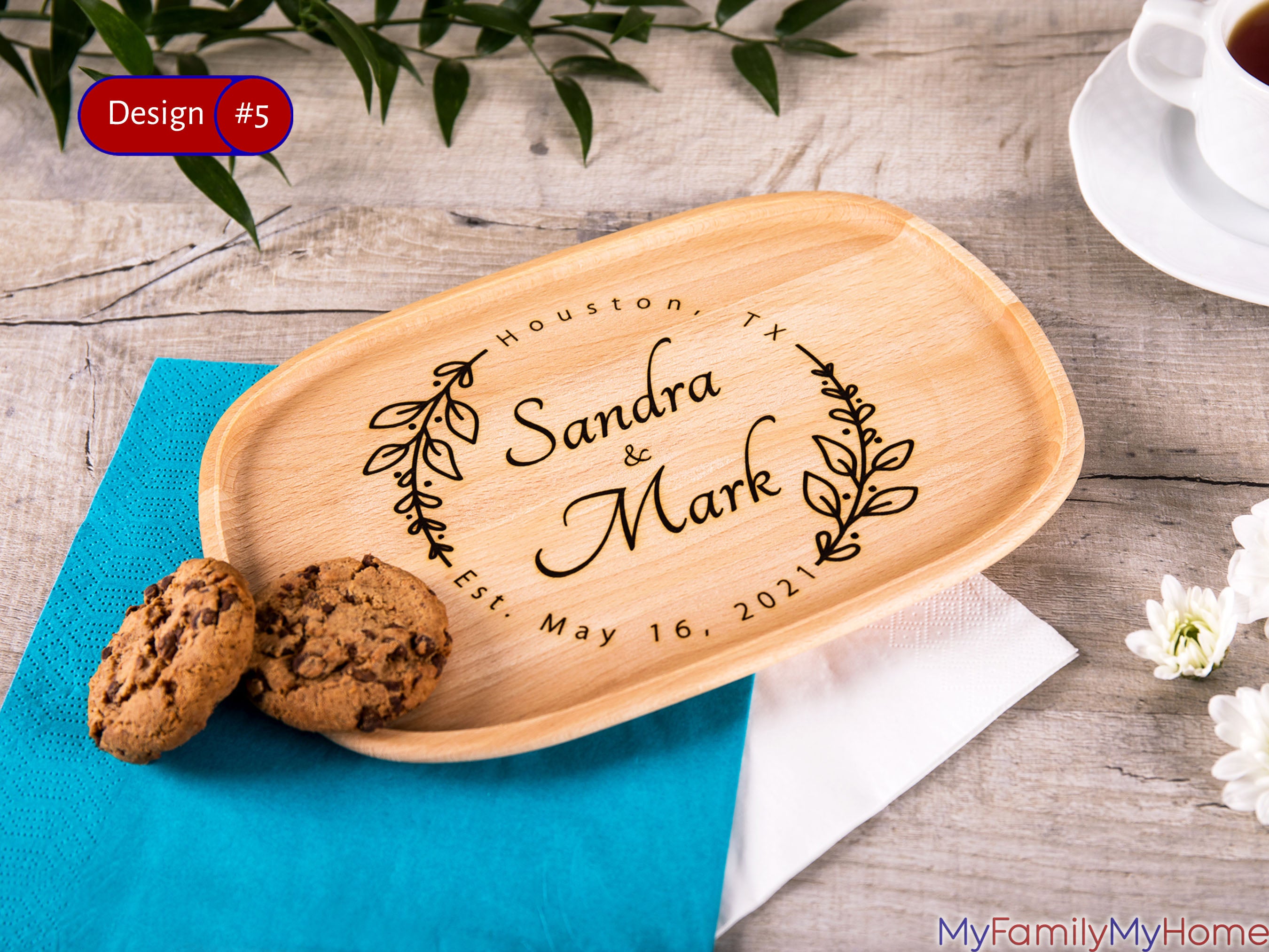 Wooden Wedding Plate with Personalized Floral Engraving featuring names Sandra & Mark and wedding date, ideal for 5th anniversary or keepsake gift.