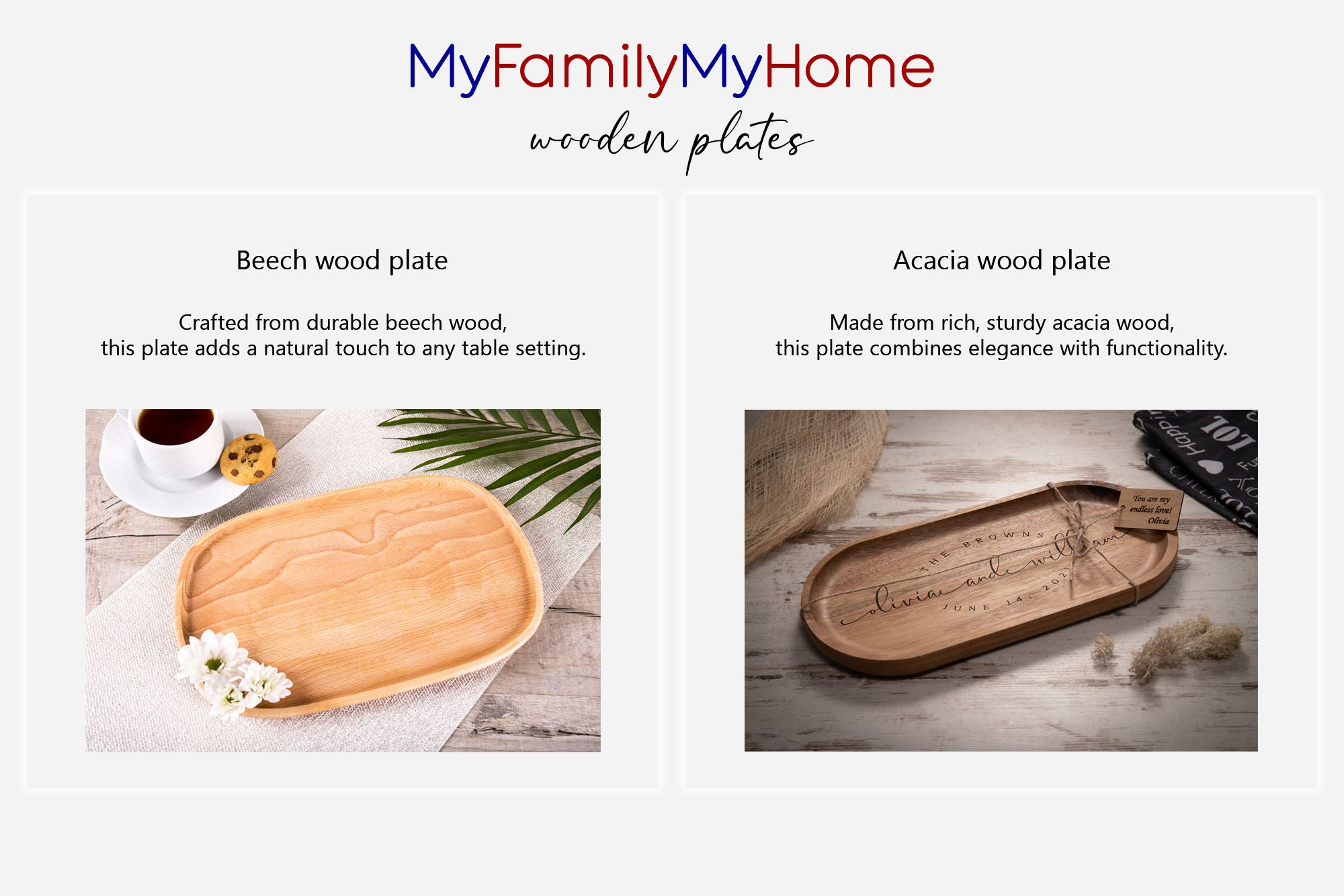 Beautiful wooden plates with custom engraving – choose beech or acacia wood. Surprise your loved ones with a thoughtful personalized gift