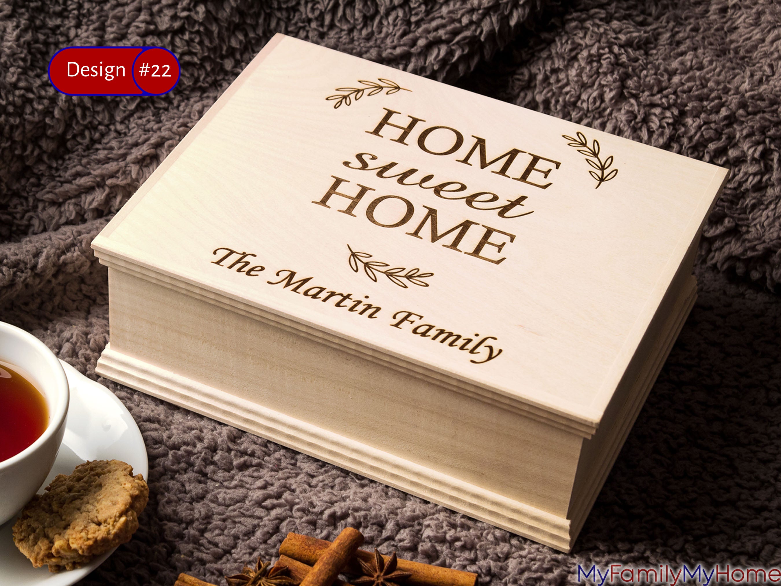 Personalized wooden tea box with Home Sweet Home engraving and custom family name, ideal for kitchen organization or housewarming gift.