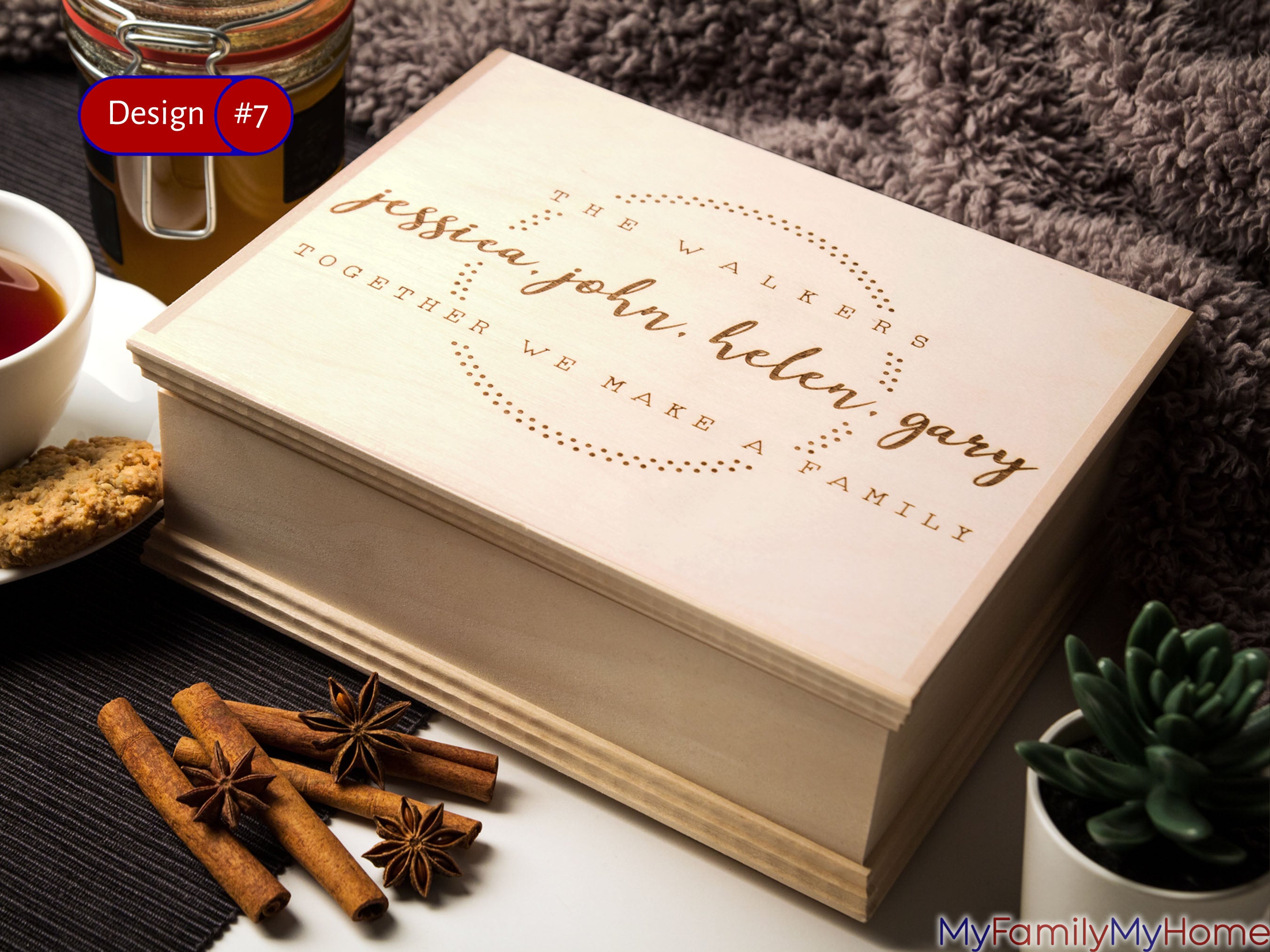 Engraved Wooden Keepsake Box with Personalized Lid Design featuring family names and decorative text, ideal for kitchen or tea storage.