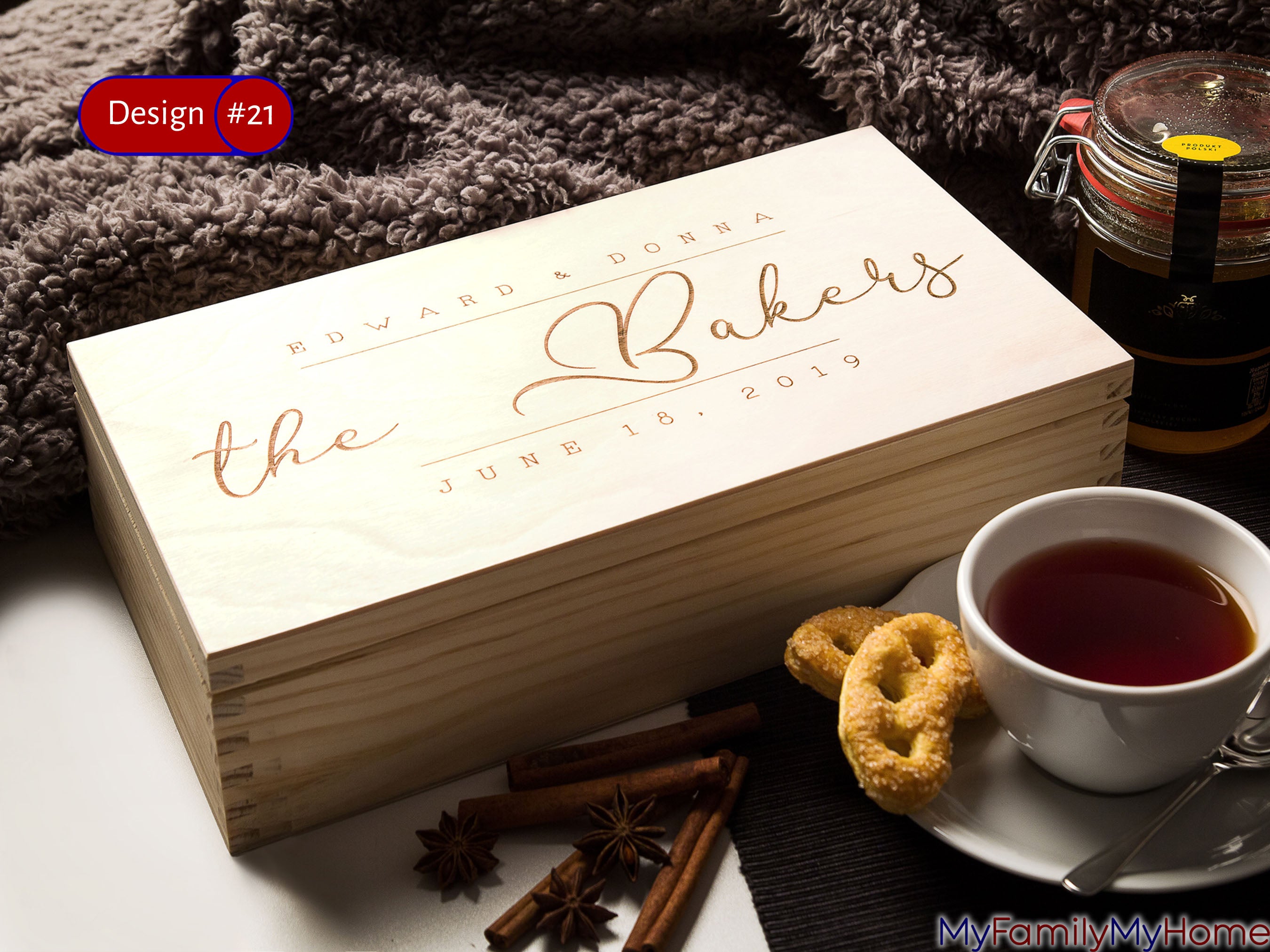 Personalized Tea Box Organizer with Engraved Name or Message featuring 'The Bakers' and a custom date, ideal for elegant tea storage and gifting.