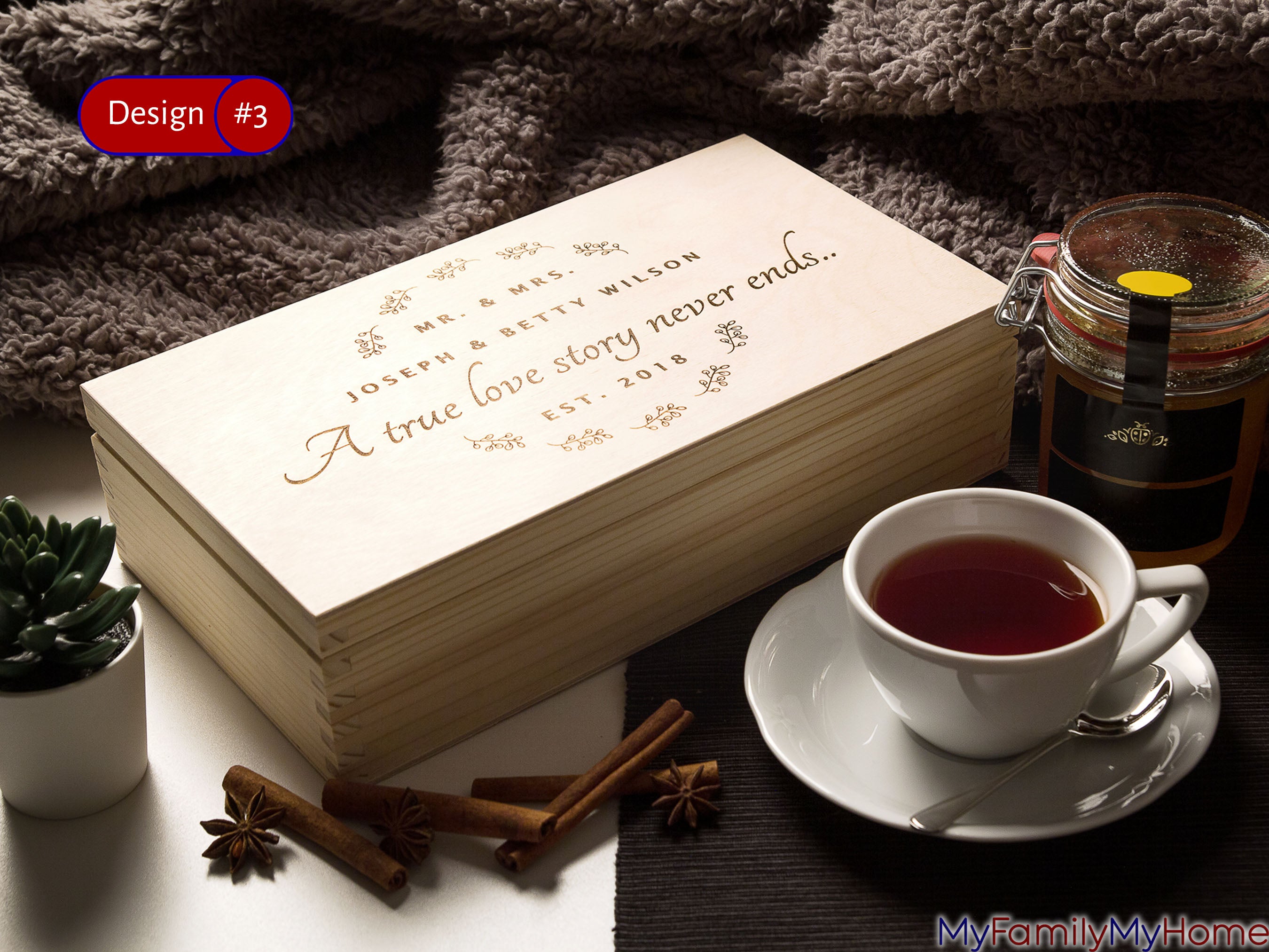 Personalized Wooden Keepsake Box with Custom Engraving featuring romantic quote and couple's names, ideal for anniversaries or weddings.