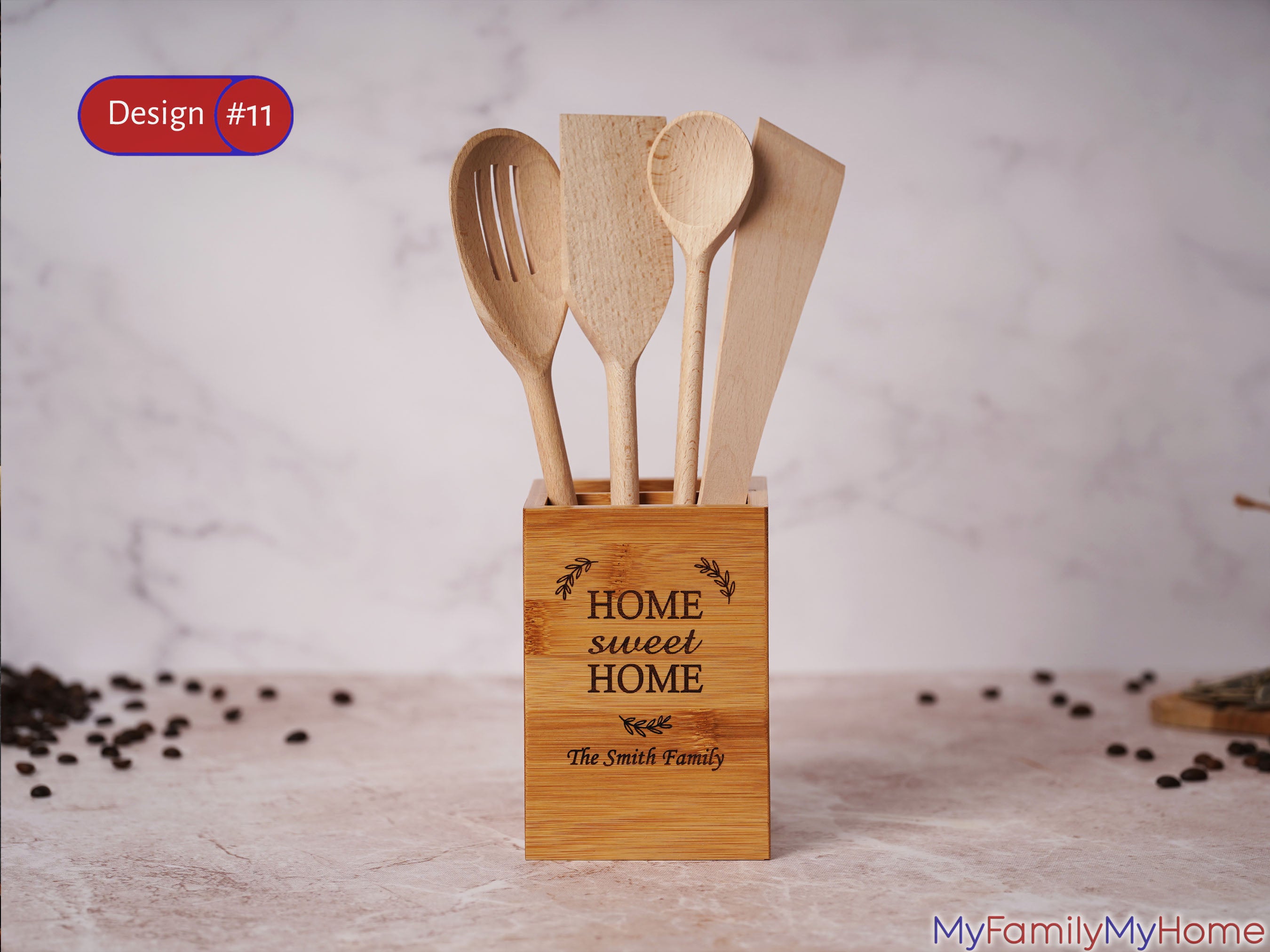 Kitchen utensil holder with Home Sweet Home engraving and personalized family name, ideal for countertop organization and cozy kitchen decor.