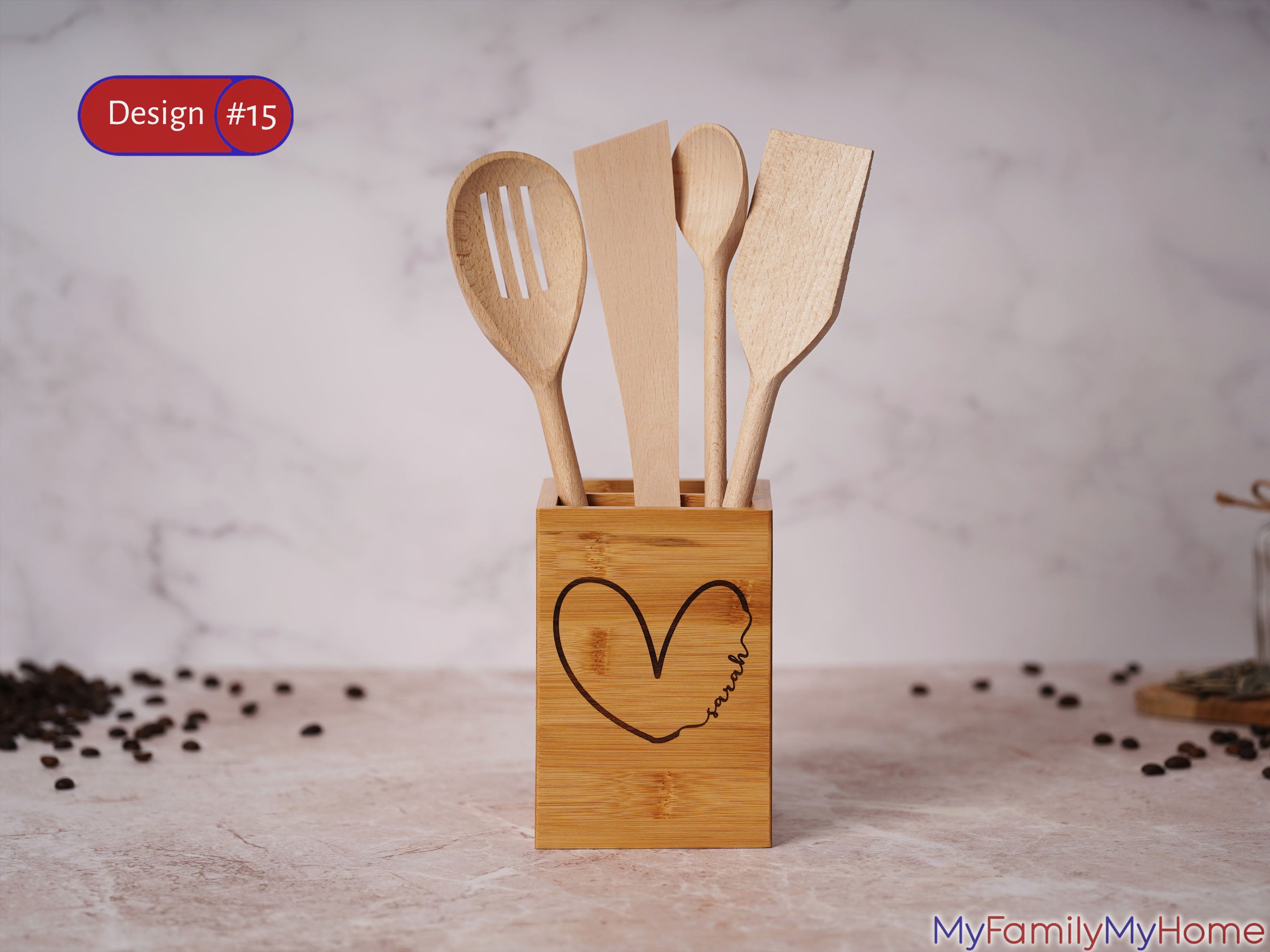 Custom Engraved Kitchen Organizer with Utensils Set featuring a heart design on a wooden holder. Ideal for neat kitchen storage and gifting.