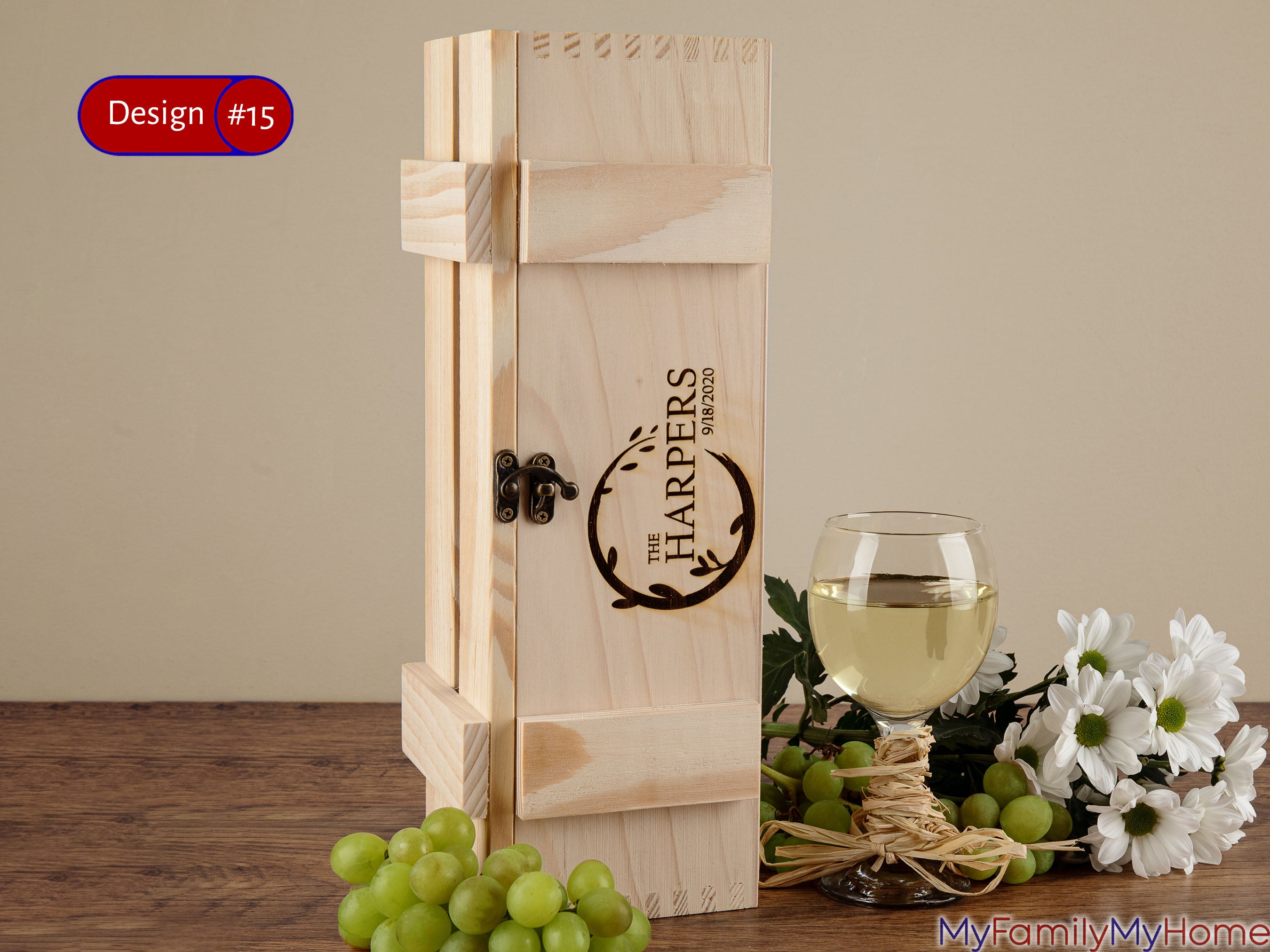 Custom Wooden Wedding Wine Box with Names & Date engraved on light wood, ideal for weddings or anniversaries. Features secure latch and elegant floral design.