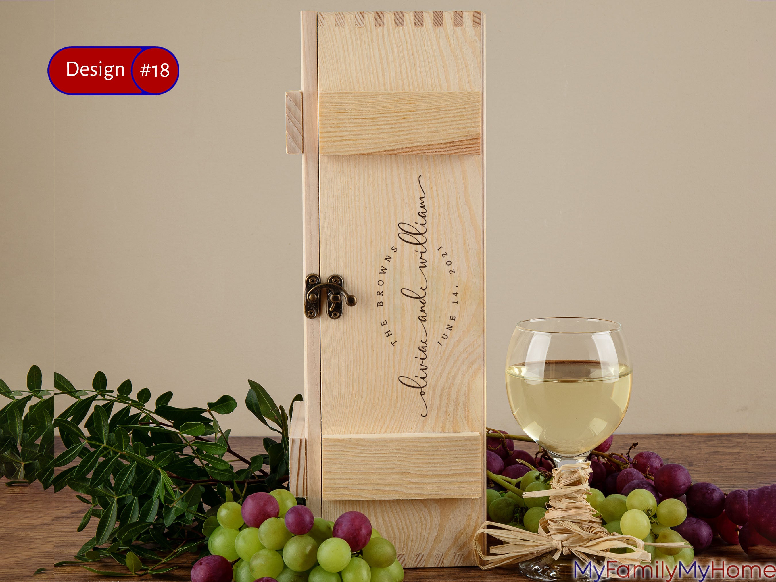Classic Wooden Wine Box with Personalized Engraving featuring names and date, ideal for weddings or anniversaries. Includes rustic clasp and natural wood finish.