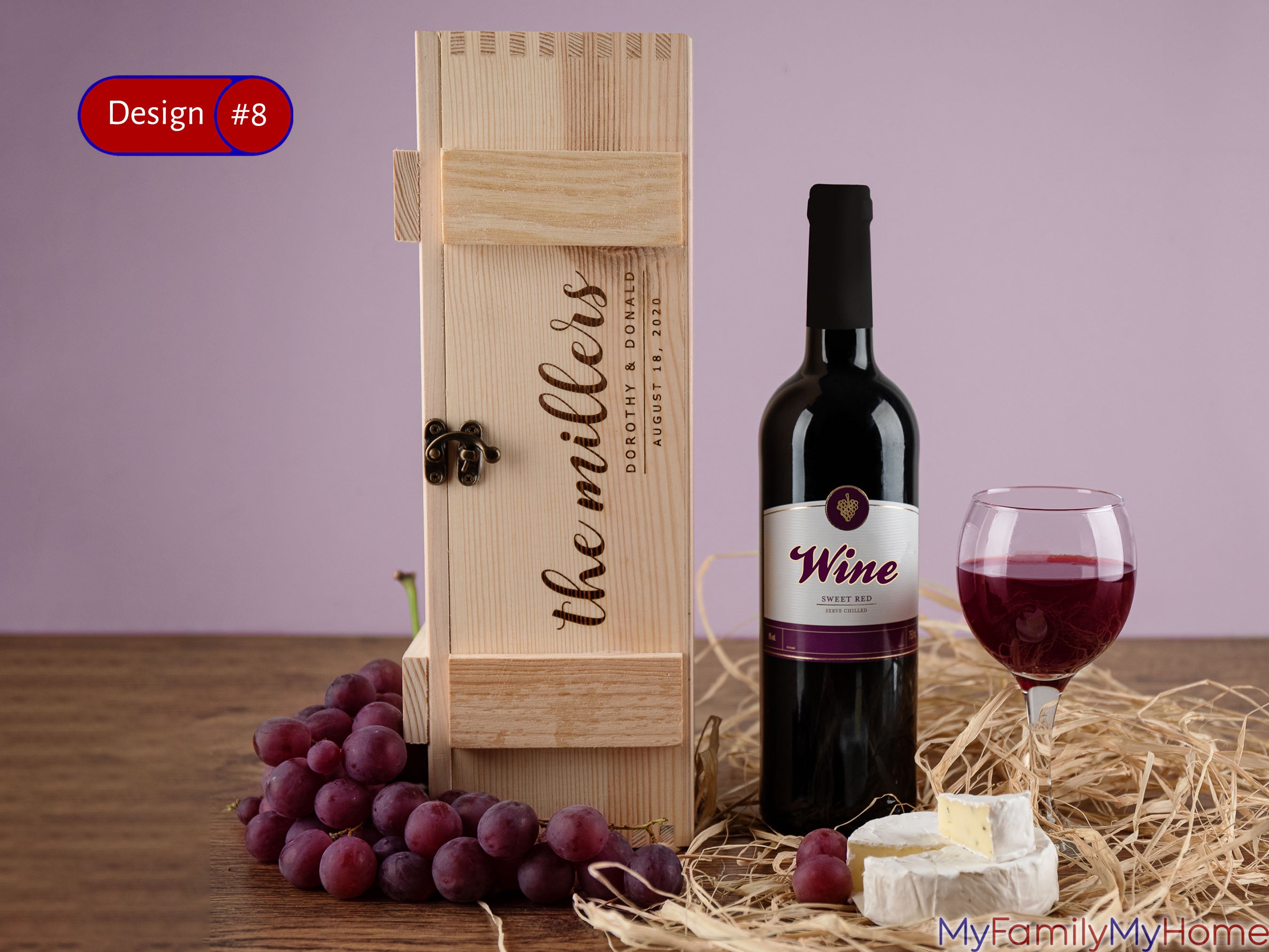 Personalized Anniversary Wine Box with Custom Engraving featuring 'the millers' text, paired with red wine, grapes, and cheese. Ideal for wedding or 5th anniversary gifts.