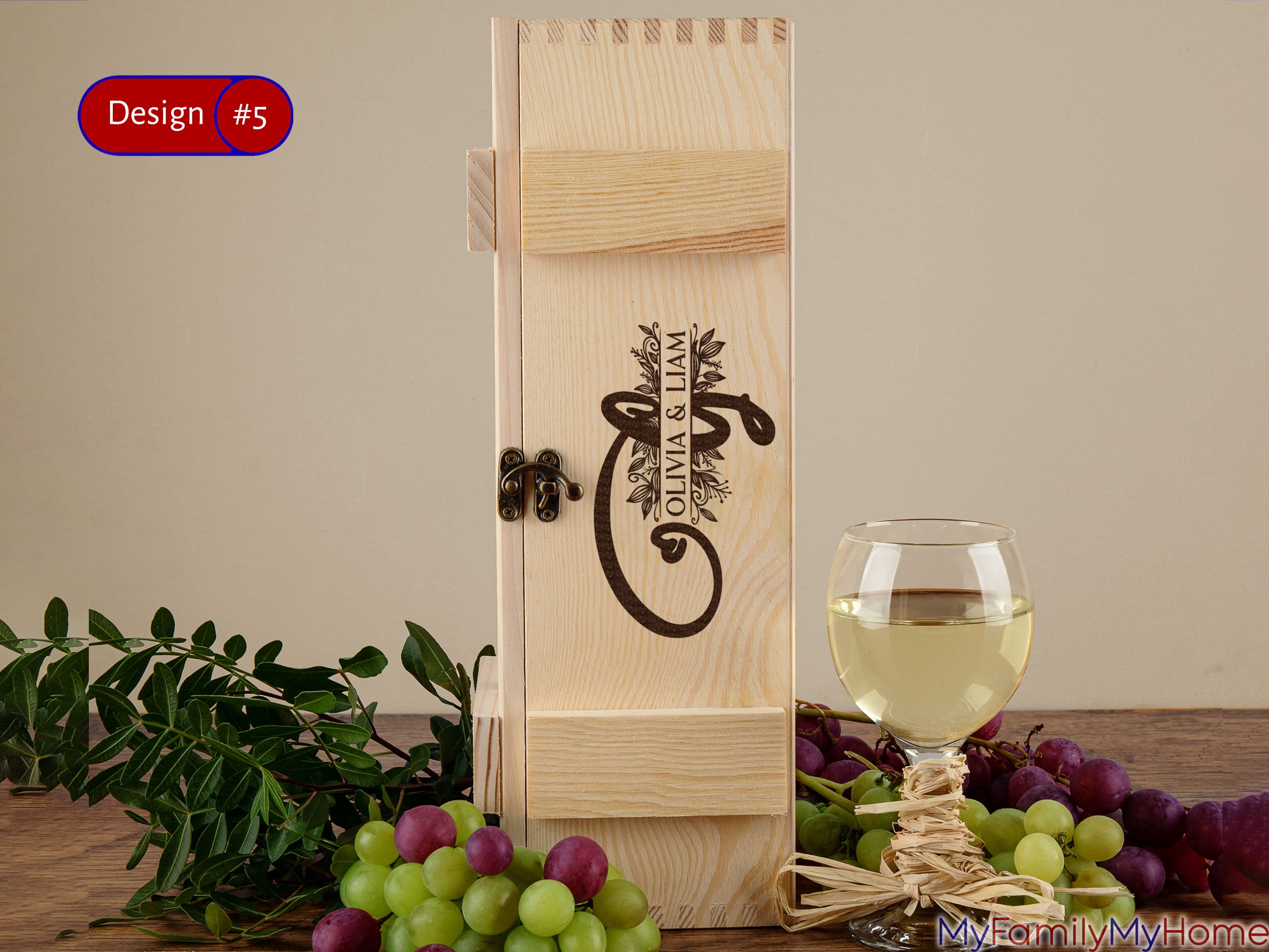 Personalized Wooden Wine Box with Engraved Monogram featuring names 'Olivia & Liam', ideal for weddings or anniversaries. Includes rustic clasp and elegant wood grain finish.